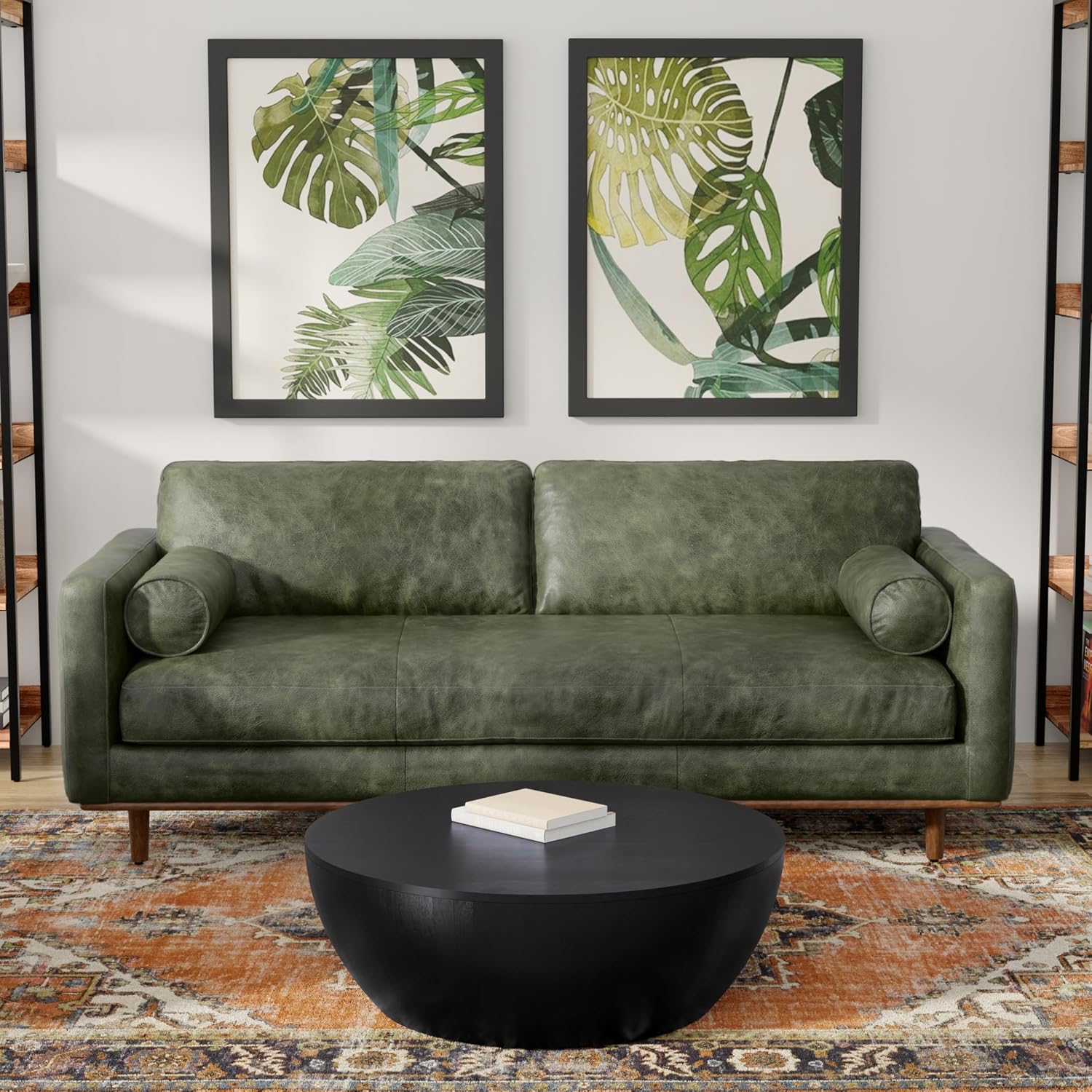 SIMPLIHOME Morrison 89-inch Wide Sofa in Moss Green Genuine Leather, Mid-Century Modern Design Couch for Living Room, Single Bench Cushion, 2 Back Cushions, 2 Bolster Pillows