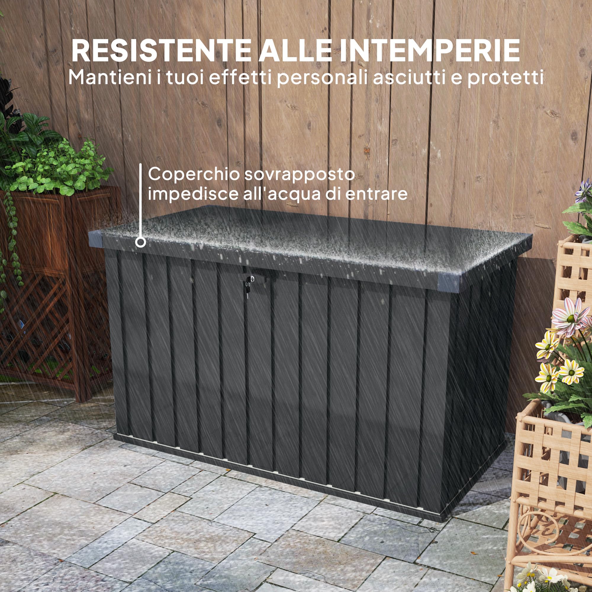 Outsunny Baule da Esterno da 400L con Coperchio a Doppia Leva, Serratura e 2 Chiavi, Cassapanca Contenitore da Esterno Impermeabile in Acciaio Zincato, 124x66x72 cm, Grigio Scuro