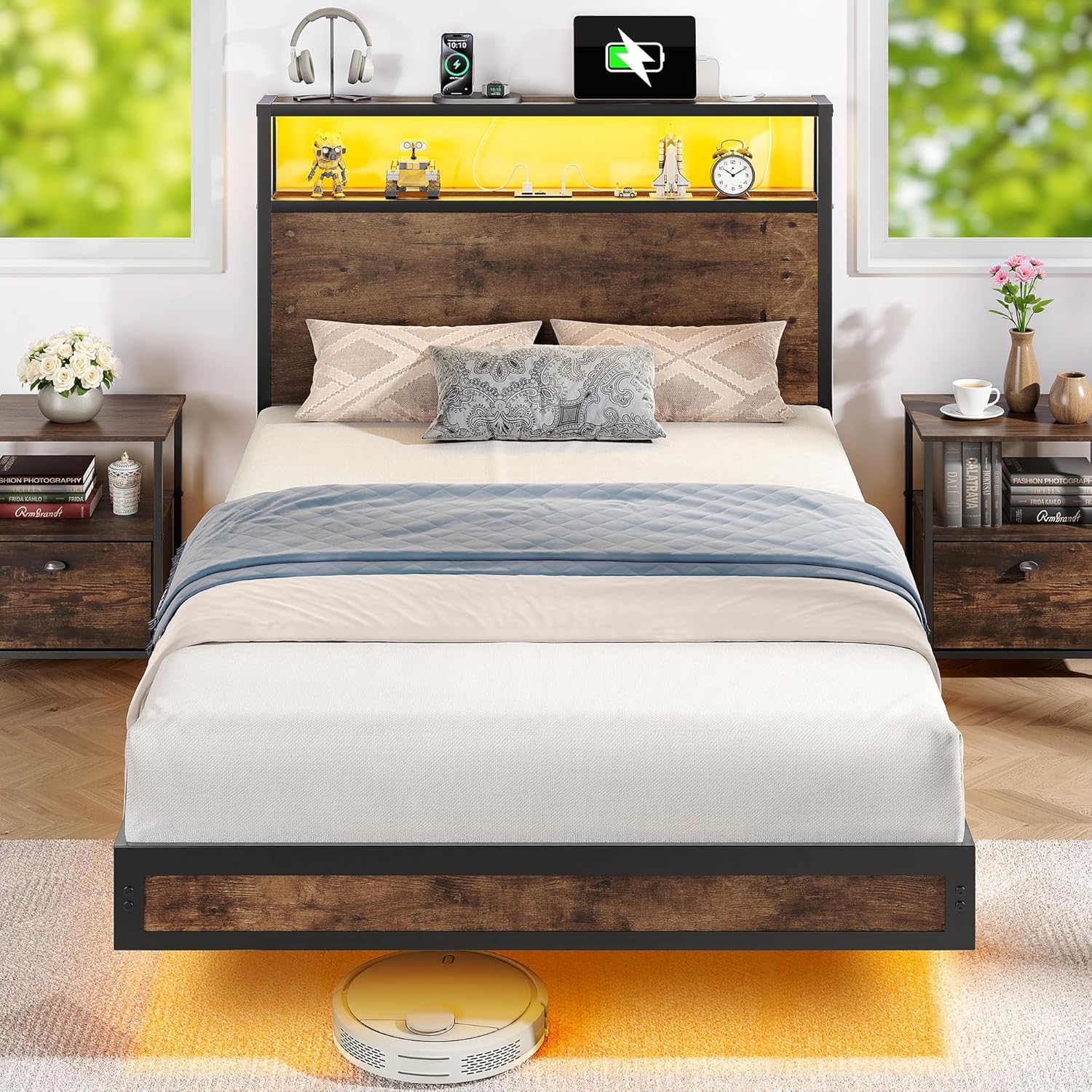 BedsPick Twin Size Bed Frame with 2-Tier Storage Headboard, Sturdy Metal Platform Bed Frame with Charging Station & LED Lights, Noise-Free/Metal Support/No Box Spring Needed, Rustic Brown