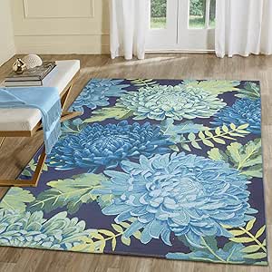 Liora Manne Marina Indoor/Outdoor Power Loomed Synthetic Blend Low Profile Area Rug - Transitional Graphic Botanical Floral Colorful (Mum Blue) (6'6" x 9'4")