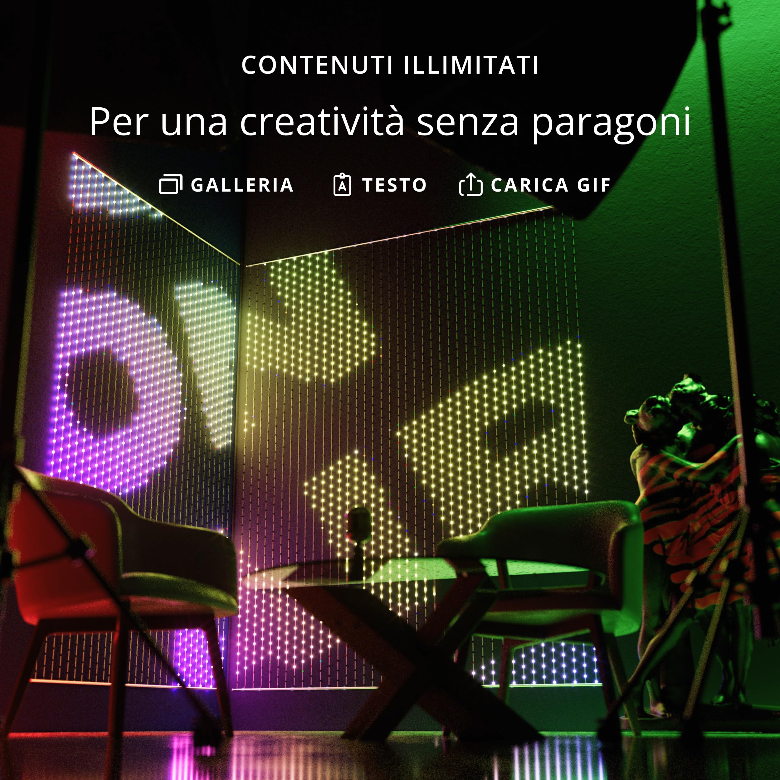 Twinkly Matrix 480 LED RGB, Tenda LED Alta Densità, Luci Smart Multicolore Gaming RGB, Compatibile con Razer Chroma, Omen, Alexa, Google Home, Luci Gaming, Controllo App, Filo Trasparente, 1m x 1m