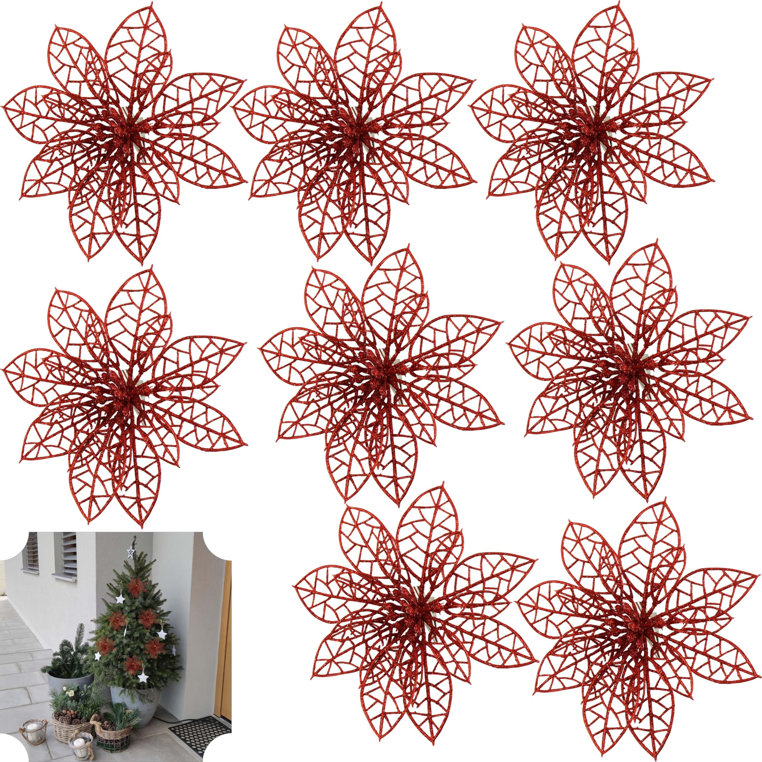 Srvertex 8X Red Flowers 8Pcs Poinsettia Artificial Flowers - Red Glitter Poinsettia Christmas Decorations For Garlands Wreaths - Artificial Christmas Flowers Xmas Tree Ornaments For Decoration 13Cm