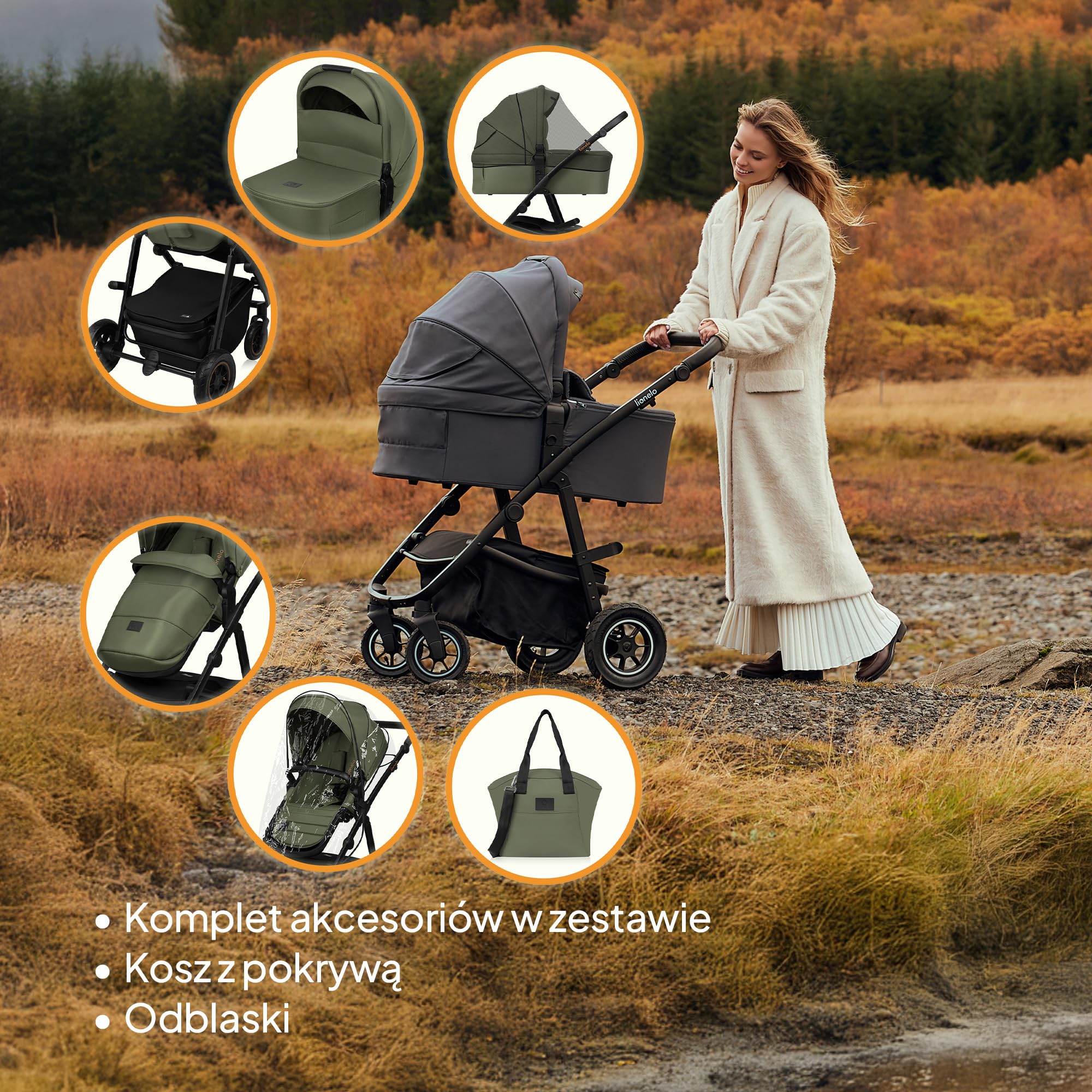 LIONELO AMBER PLUS 2 w 1 Spacerowy Wózek Dziecięcy od 0 do 4 lat do 22kg z Gondolą XL, Regulacja Oparcia, 5 Punktowe Pasy Duże Terenowe Koła 360o Budka XXL Amortyzacja Spacerówka (Zielony)