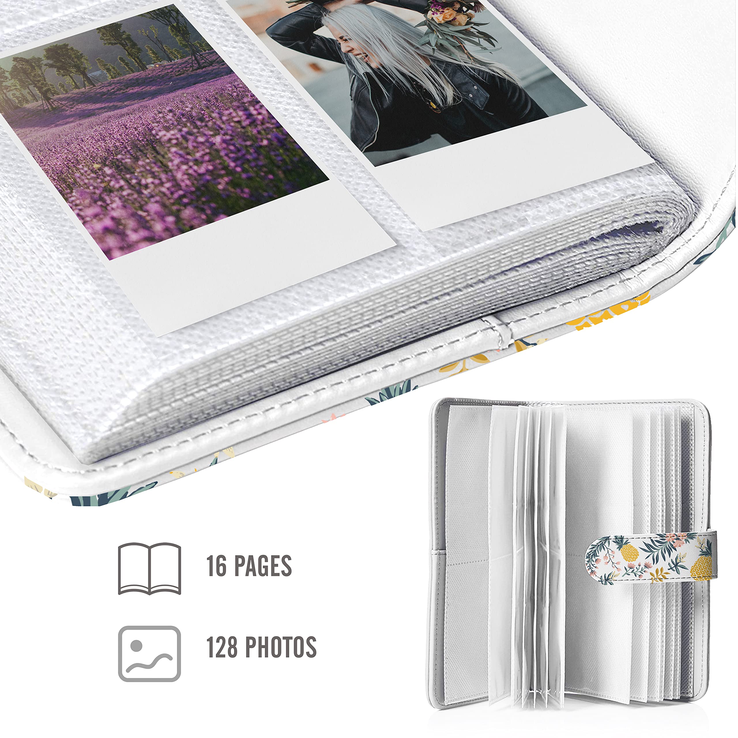 Holoary Álbum de fotos tipo cartera para 128 fotos Fujifilm Instax Mini, tarjeta de fotos Kpop, Polaroid Snap (piña floral)