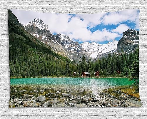 Ambesonne Tapiz de paisaje, Parque Nacional Ohara Lake Yoho de Canadá con montañas, paisaje natural, foto artística, para colgar en la pared para