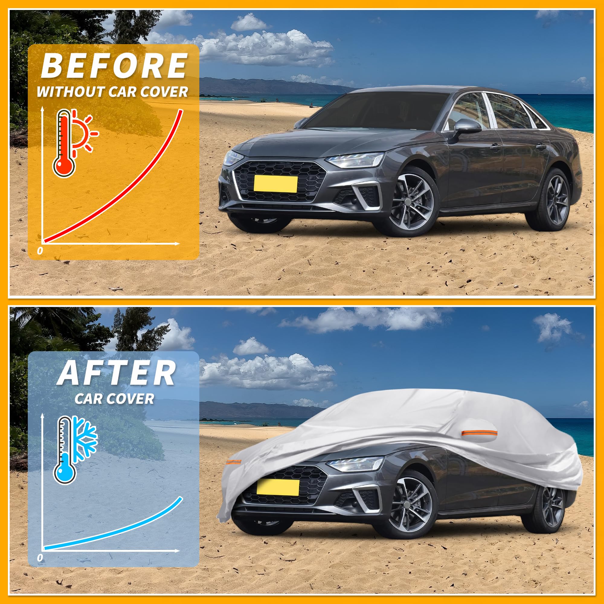 Partuto Waterproof All-Weather Universal Car Cover with Right Side Zipper 190T-PU Silver Tone Fits for Sedan 177 - — view 4