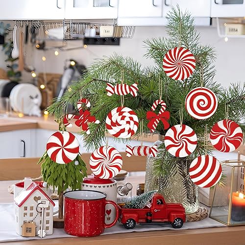 Miniatura 7 de 36 piezas de adornos navideños de madera con forma de bastón de caramelo, decoración colgante para árbol de Navidad, piruletas de menta roja y