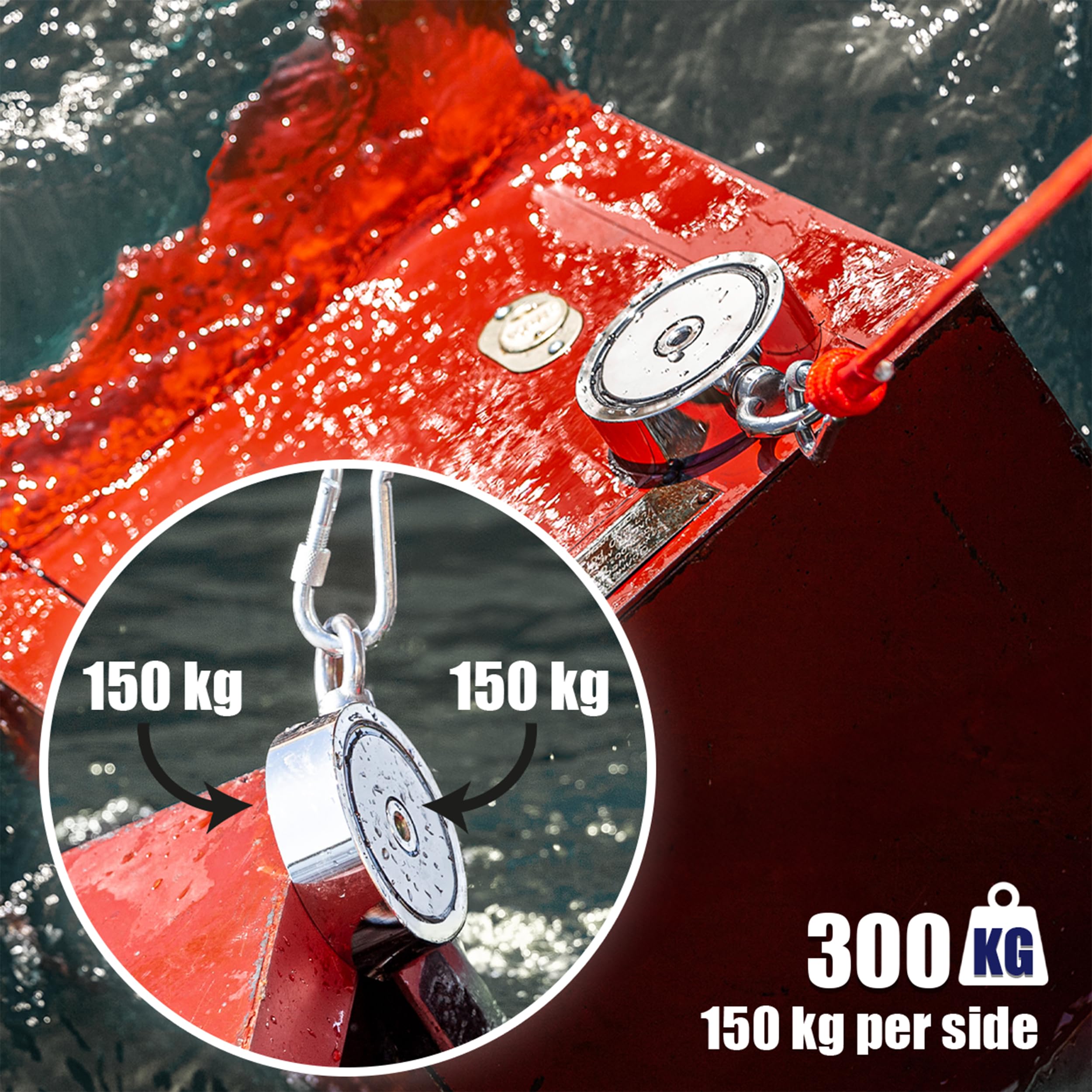 MAGFISHION Dwustronny Zestaw do Magnetycznego Wędkarstwa - Siła Przyciągania 300KG (2x 150kg) - Ø60mm - Magnes Neodymowy - Z Ciemnopomarańczową Liną (20M) & Rękawice - Magnes Ryba