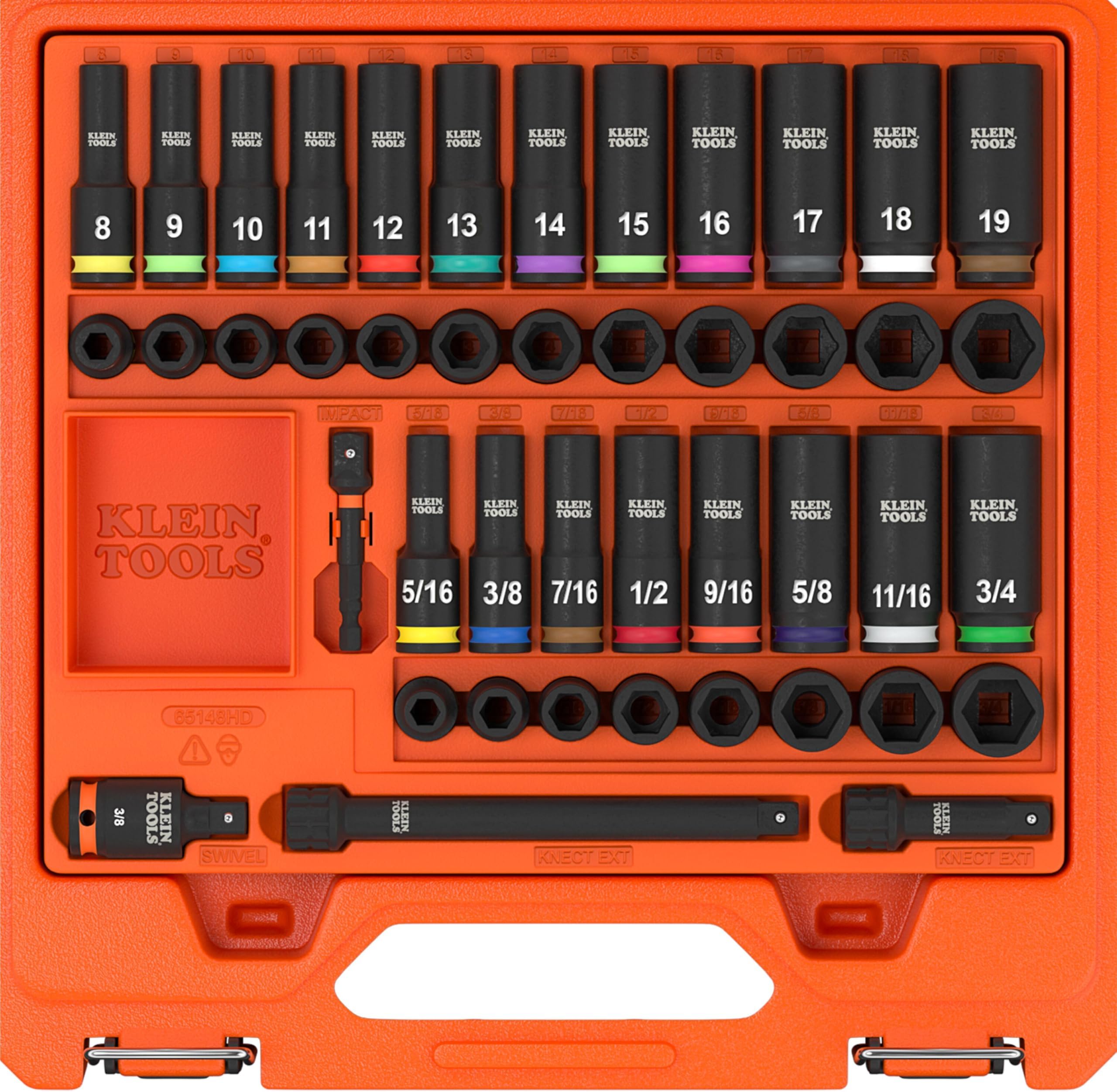 65148HD KNECT Deep-Well and Shallow Impact Socket Set, 3/8-Inch Drive, SAE and Metric, 44-Piece Tool Set, Impact Driver, Swivel Adapter, Wrench Extensions, Removable Socket Organizer