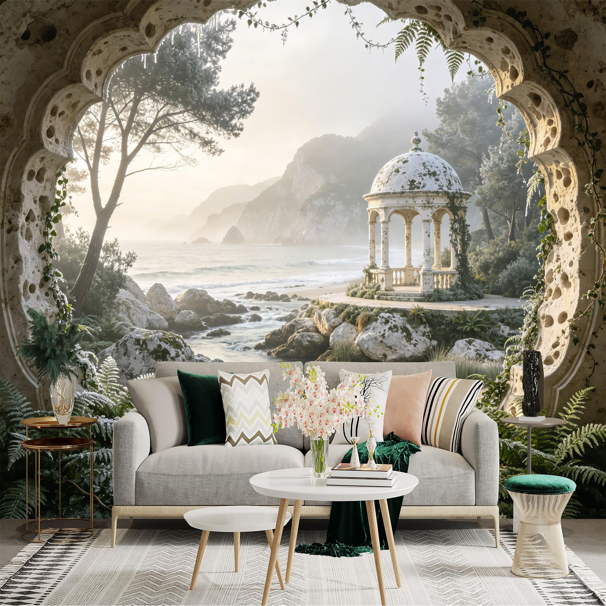 Custom Size Wall Sticker Mural， Coastal Pavilion with Rocky Shore， Ocean and Mountain View， for wall Decoration， peelandstick wall Decals.