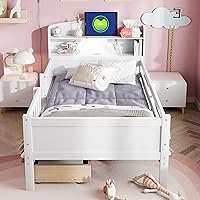 Vista 57 de Modern Full Size Platform Bed Storage Headboard and Safety Guardrail for Kids, Function Wood Platform Bed Frame with Built-in LED Light for Boy
