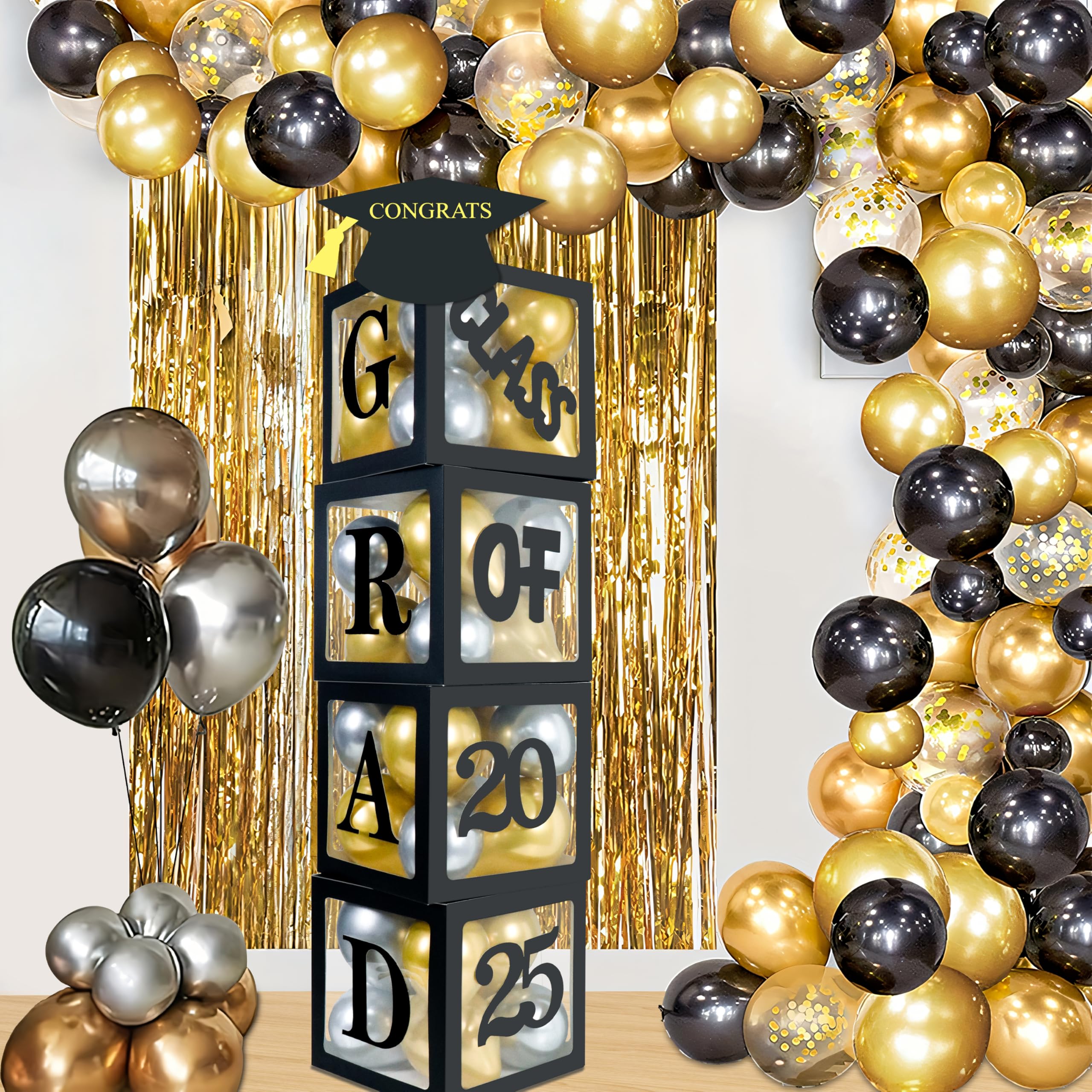 2025 Graduation Balloon Boxes Decorations, 4pcs Graduation Blocks with 32pcs Balloons “GARD” “Class of 2025” Letters, Cap Decorations for Class of 2025 Party Supplies for College, High School, PhD
