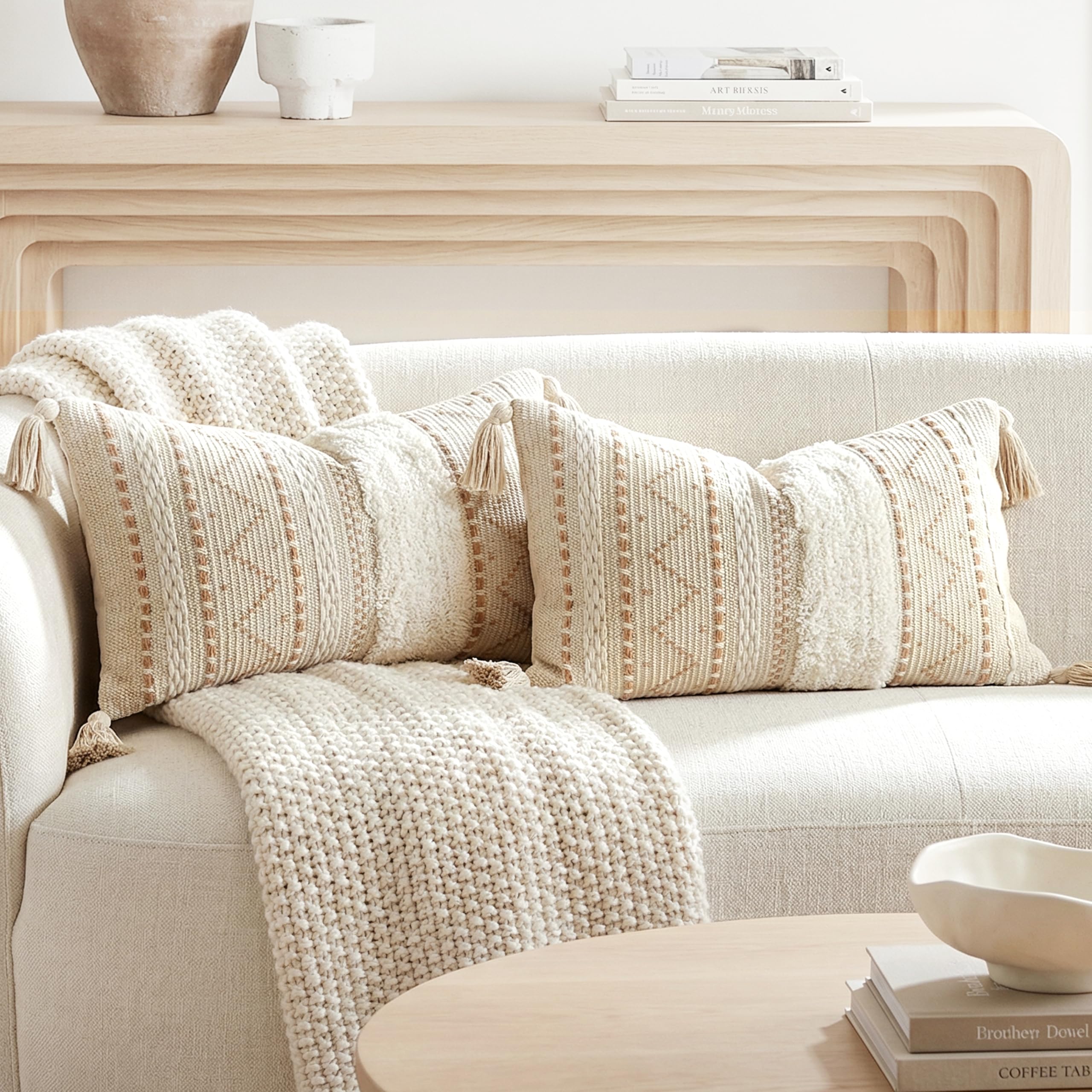 BlissBlush Decorative Lumbar Throw Pillow Cover 12x20 Combo Set of 2 Cream Neutral White Rectangular Boho Accent Pillowcase Farmhouse Cushion for Couch Sofa Bedroom Living Home Décor Cover ONLY