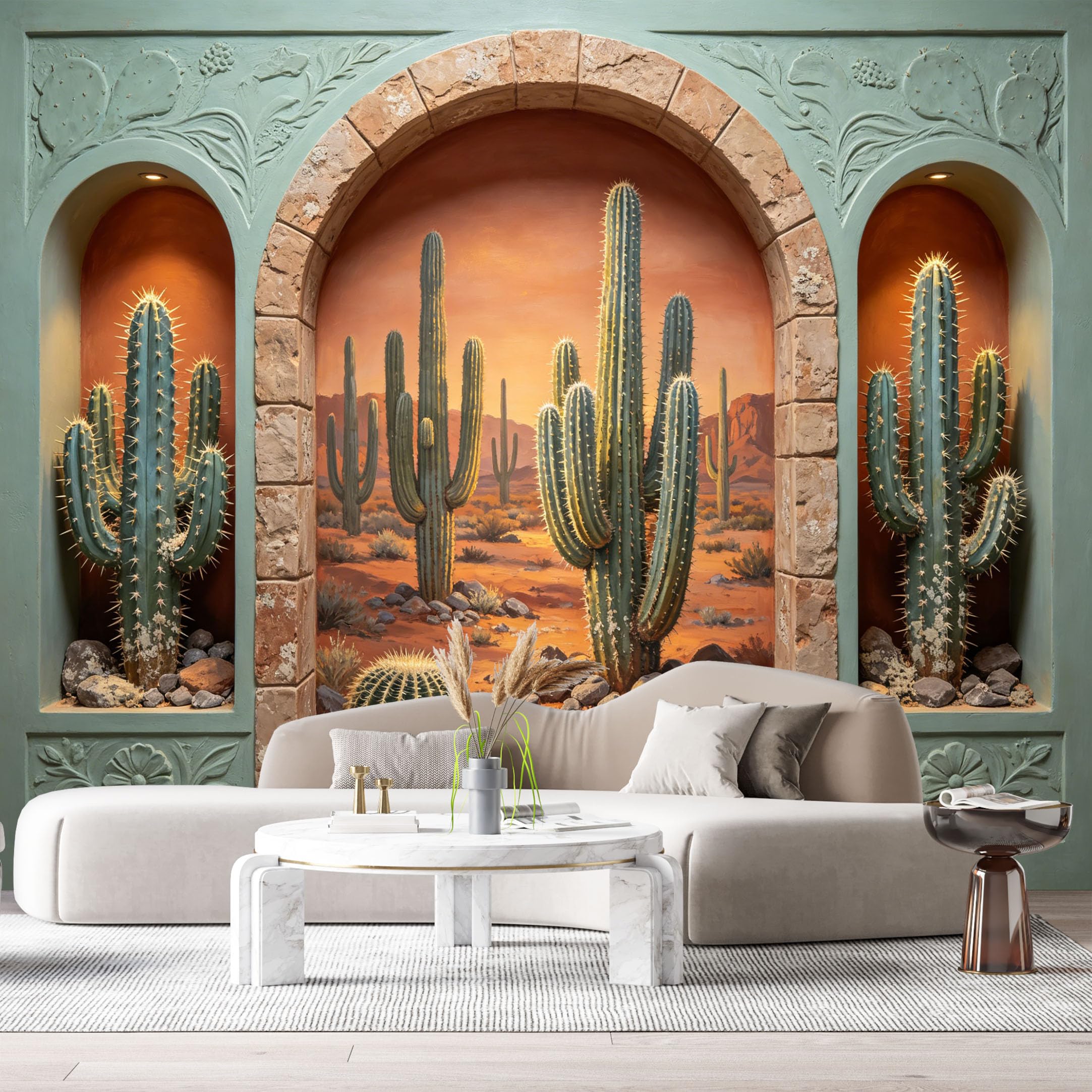 Custom Size Wall Murals Desert Landscape Cacti Saguaro Barrel Textured 3D Trompe L'Oeil SelfAdhesiveWall Fabric Removable Wallpaper Wall Decor for Living Room