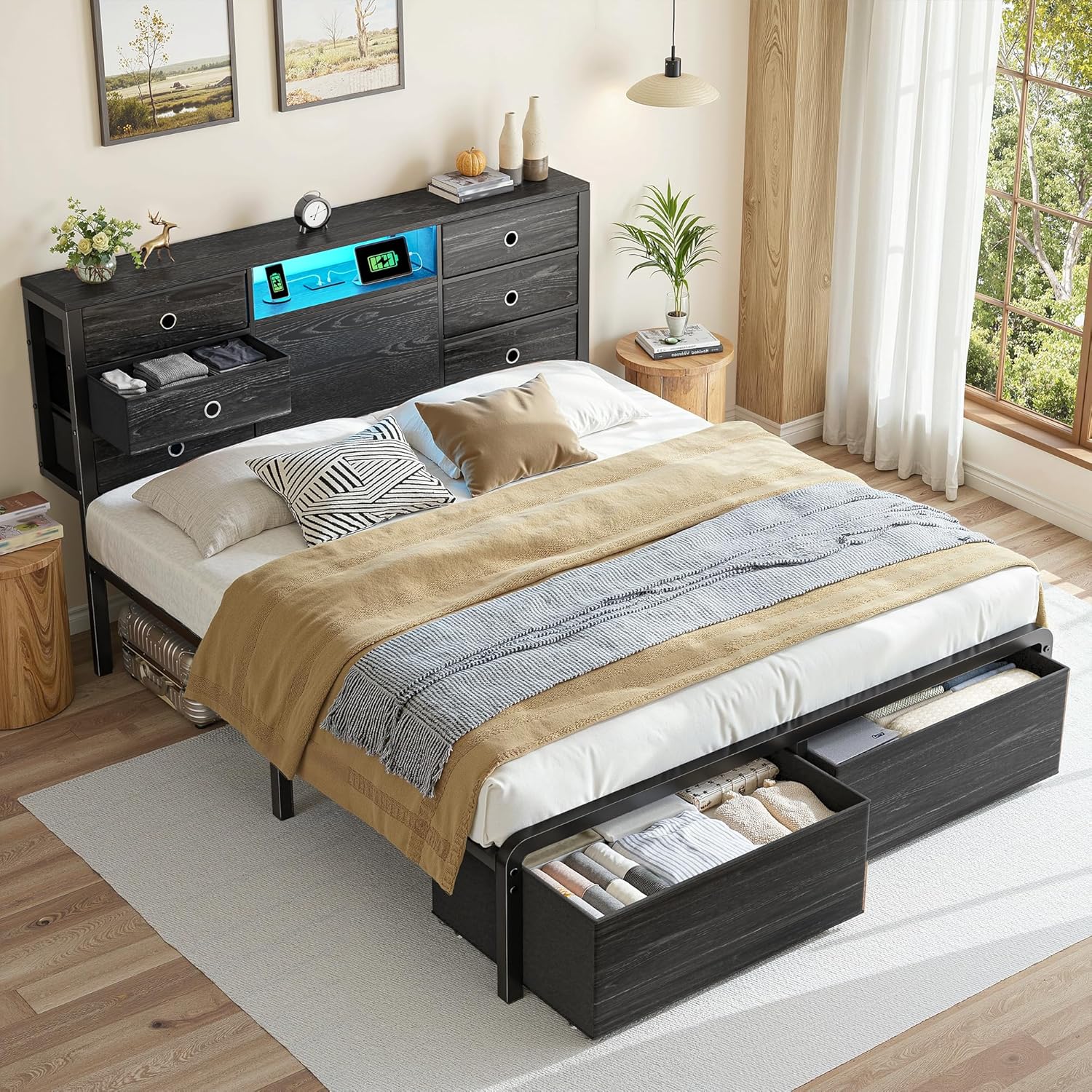 Queen Size Bed Frame with 6 Headboard Drawers and 2 Footboard Cloth Drawers, LED Lights & Charging Station, Metal Platform Bed Frame with Headboard Storage,No-Noise,Easy Assembly,Black
