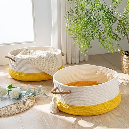 Miniatura 6 de KAKAMAY Cestas tejidas para almacenamiento (16 x 8 pulgadas), cesta de manta para organizar la sala de estar, cesta de cuerda de algodón tejida para