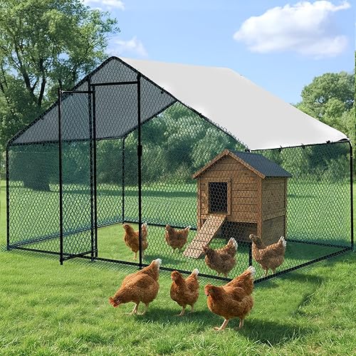 Vista 57 de VINGLI Gallinero grande, jaula de metal para aves de corral, corral de pollos de techo plano con cubierta impermeable y anti-UV para exteriores