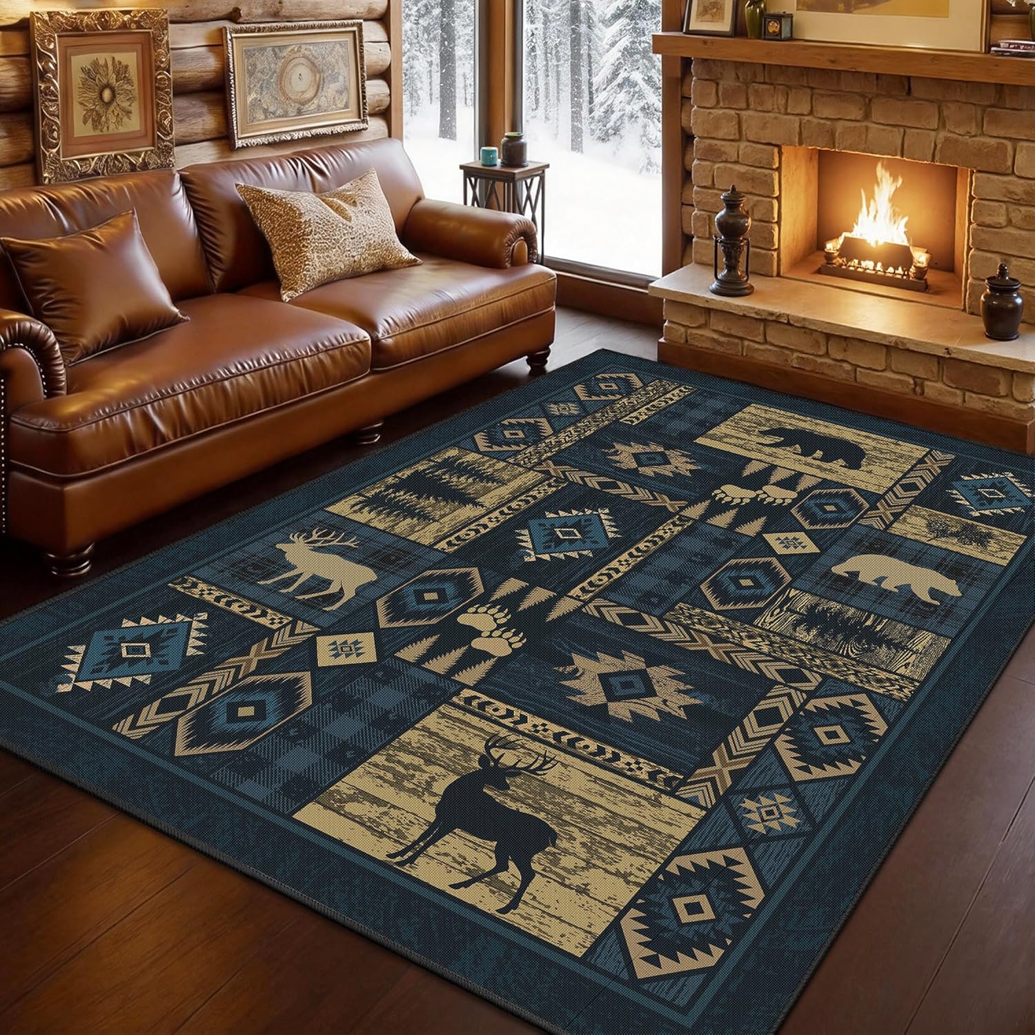 Rustic Cabin 5x7 Area Rugs, Machine Washable Upgrade Non-Slip Country Bear Rug Ultra-Thin Linen-Look Low Pile Print Pattern Western Deer Carpet for Living Room, Bedroom, Dining Room, Office, Blue