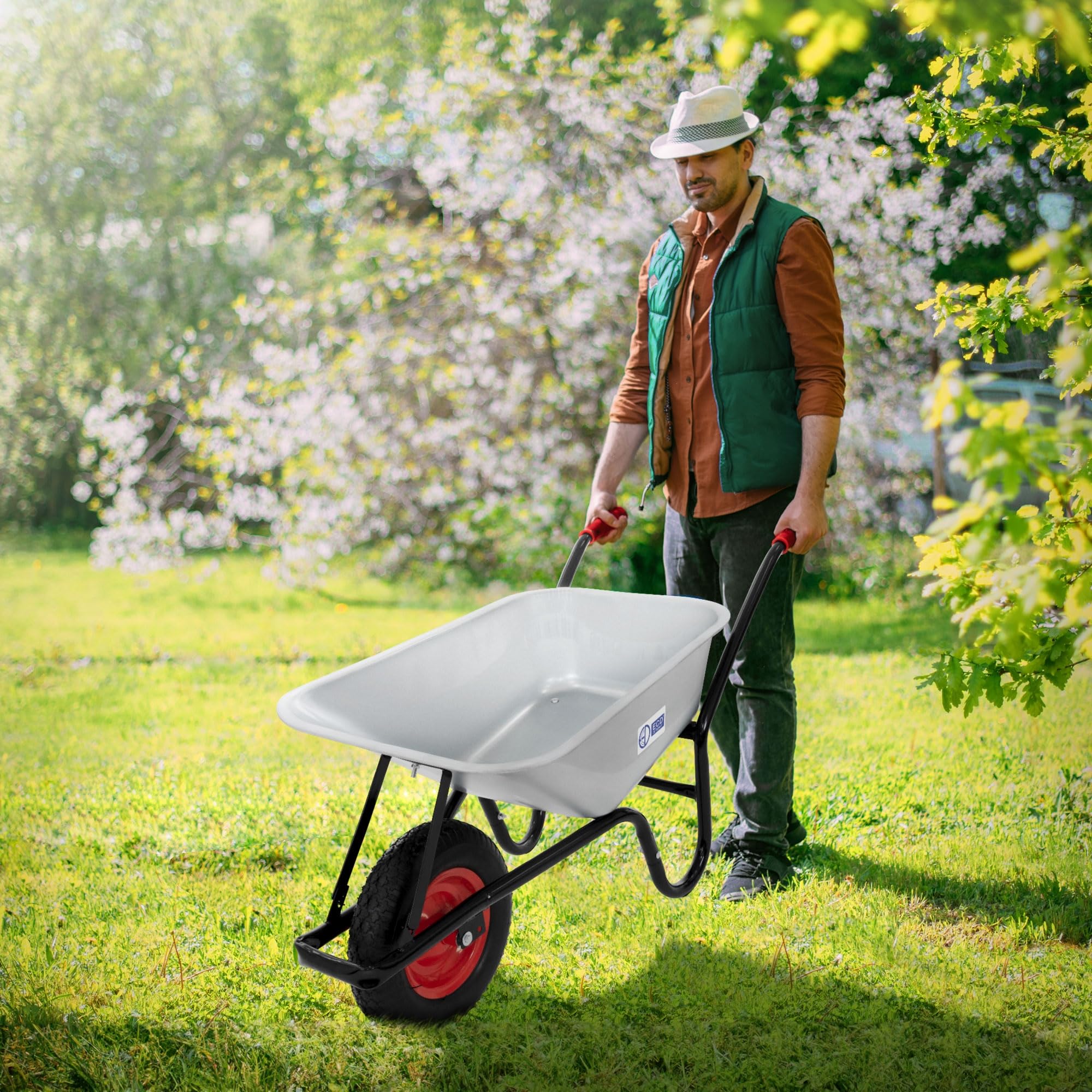 ECD Germany Carriola da Cantiere con Telaio in Metallo e Vasca in Acciaio Zincato Capacità 100 L 250 kg per Trasporto con Ruota in Gomma Pneumatico Diametro 40 cm 16" Manici Lunghi