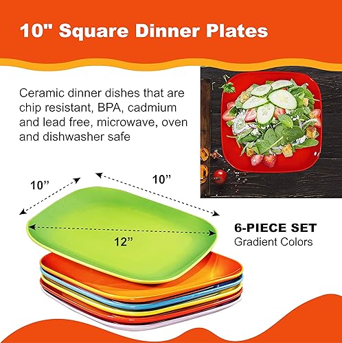 Miniatura 2 de Bruntmor Platos de cerámica de 10 pulgadas, platos para servir, juego de 6, platos cuadrados, multicolor, simple y moderno, platos de postre, juego