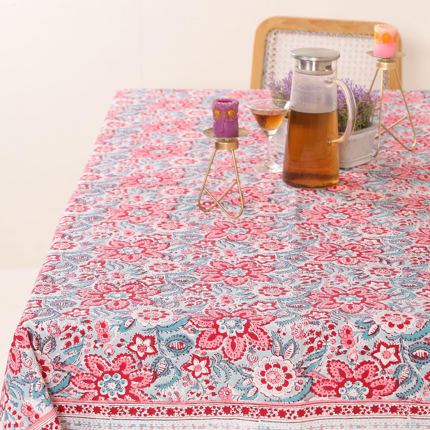 COTSILER 100% Cotton Handblock Tablecloth Round Washable Table Cover Decorative Tablecloths Best for Events,Home,Party,Celebration (PinkFlower-D12, 72" Round)