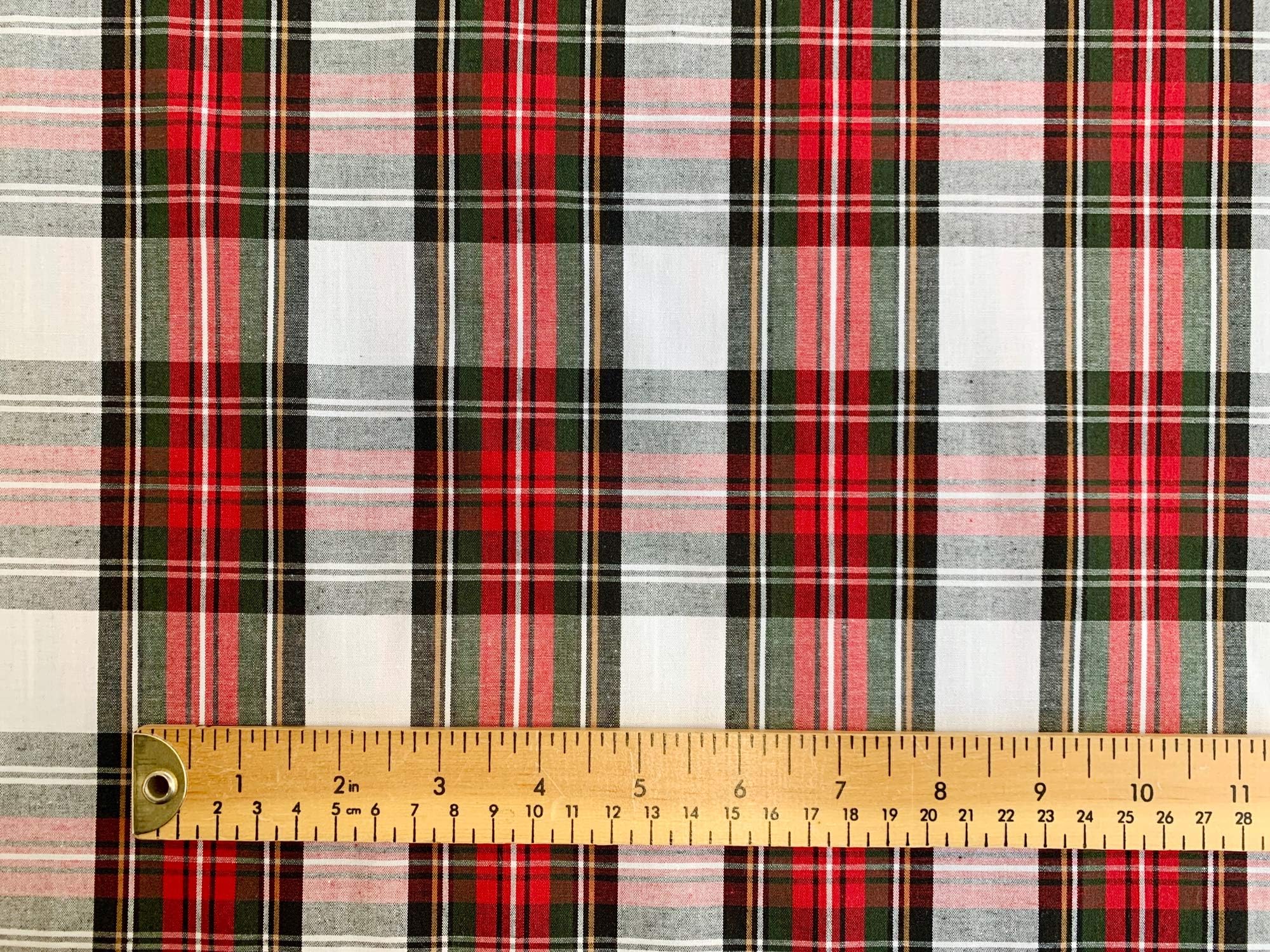 Quality Tartan Fabric - White Red & Green Tartan Print - 100% Cotton Craft Fabric Material Per Metre