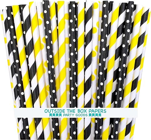 Outside the Box Papers Bee Theme - Pajitas de papel a rayas y lunares, 7.75 pulgadas, paquete de 100 unidades, color negro, amarillo, blanco