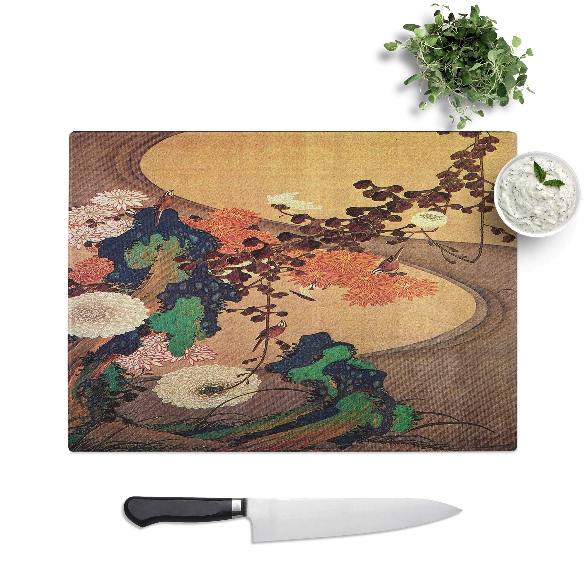 Glass Chopping Board - Chrysanthemums and Birds by Ito Jakuchu - Textured Worktop Saver Cutting Board - Heat Resistant, Shatterproof and Hygenic - 28.5 x 20 cm