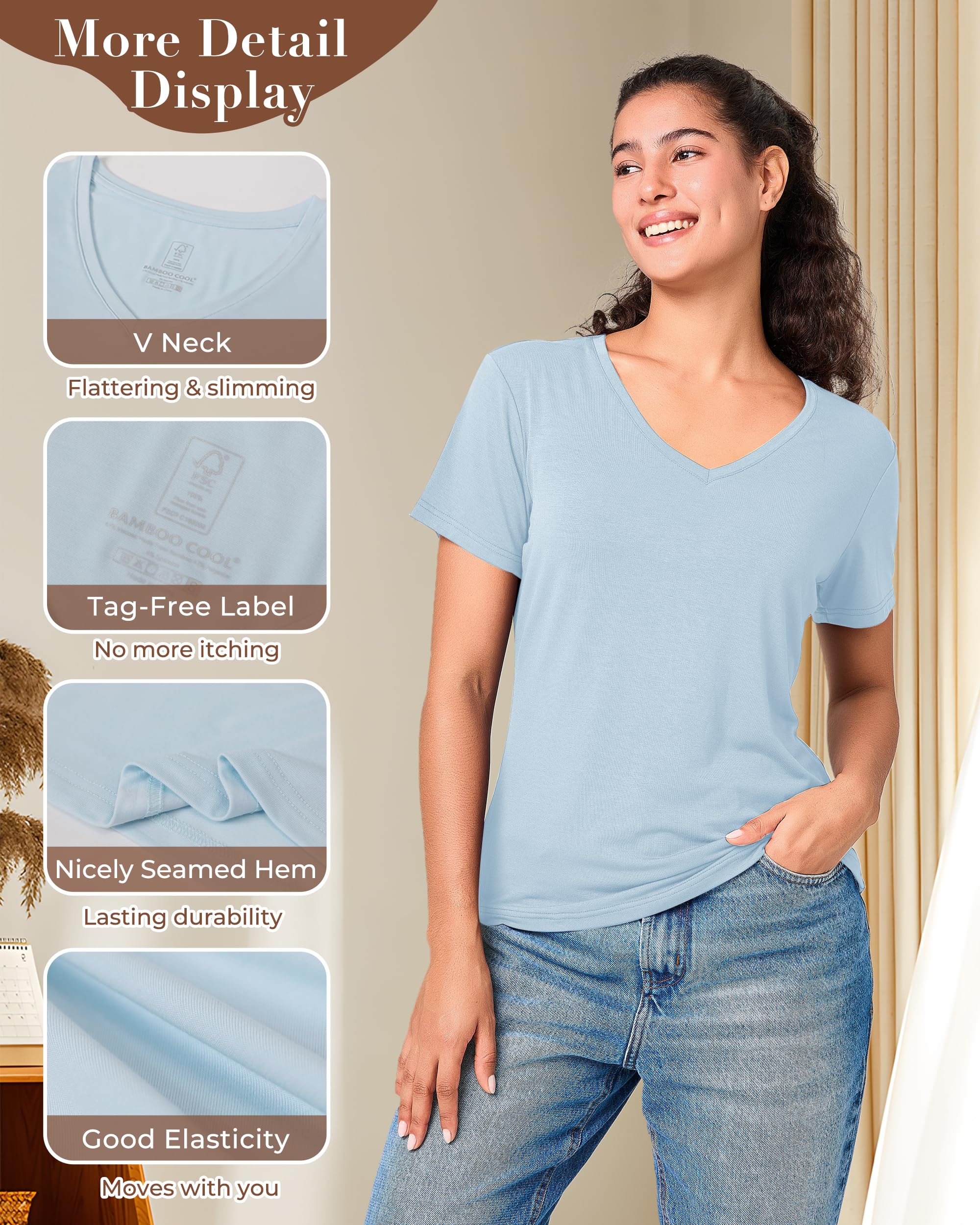 BAMBOO COOL Camisetas clásicas de manga corta con cuello en V para mujer, ajuste sexy, camisetas básicas
