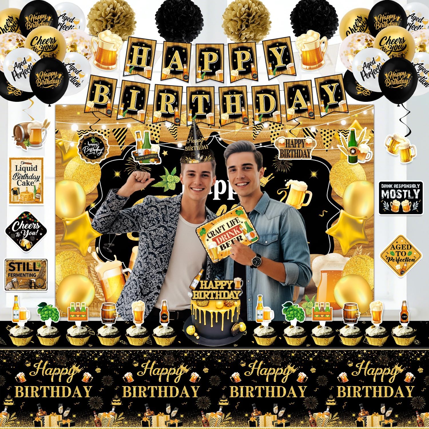 Mpanwen Beer Birthday Party Decorations, Beer Aged to Perfection Birthday Party Decorations Decor Supplies for Men - Backdrop, Banner, Cake, Cupcake Toppers, Tablecloth, Hanging Swirls, Wall Signs