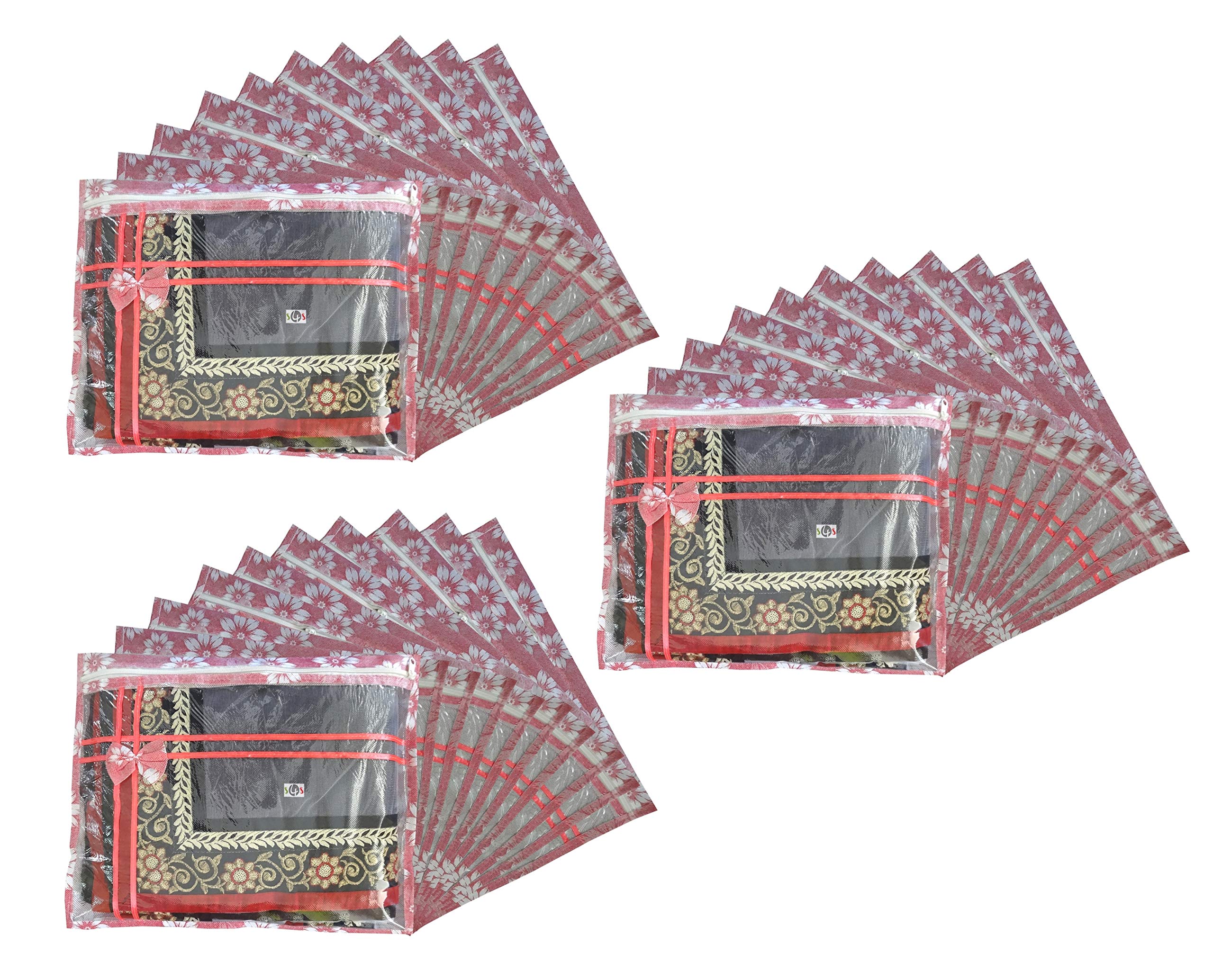 S4S Set of 30 Pcs Flower Design Non Woven Single Saree Cover Packing Bag with Zip Combo (Peach)