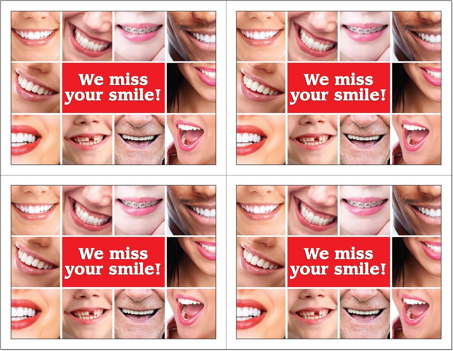 4 Up Dental Laser Appointment Reminder Postcards with Personalizable Backs. 4 Cards Micro Perforated for Tear-Off at 4.25" x 5.5" on an 8.5" x 11" Sheet of 8 Pt Card Stock. (500)