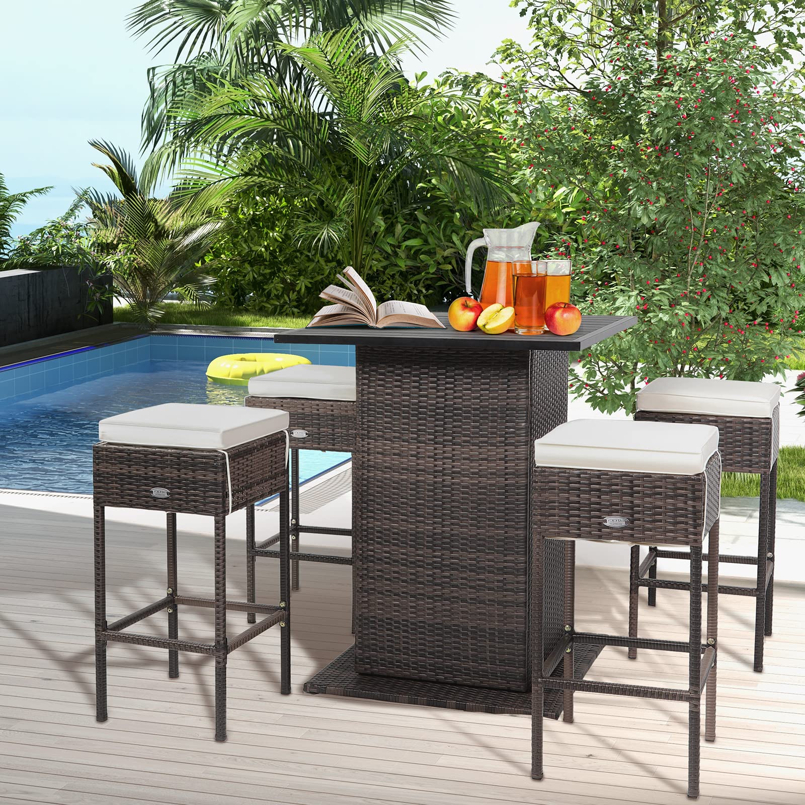 GIANTEX Ensemble de bar extérieur en rotin 5 pièces, table et 4 tabourets hauts avec coussins amovibles
