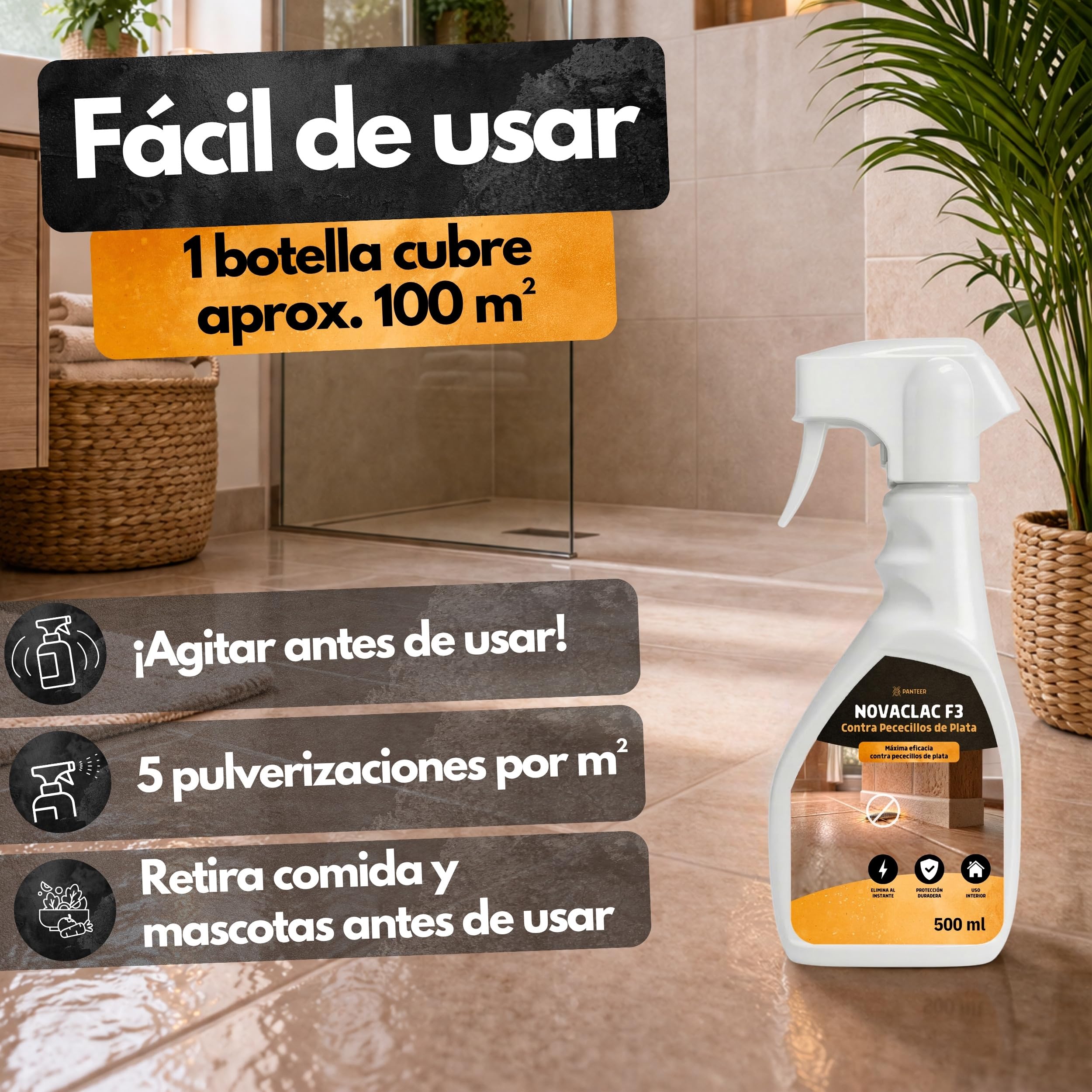 NOVACLAC F3 Mata Pececillos de Plata – Spray Insecticida 500 ml PT18 – Elimina pececillos de plata al instante – Protección duradera – Uso interior y exterior – Calidad europea formulada para España