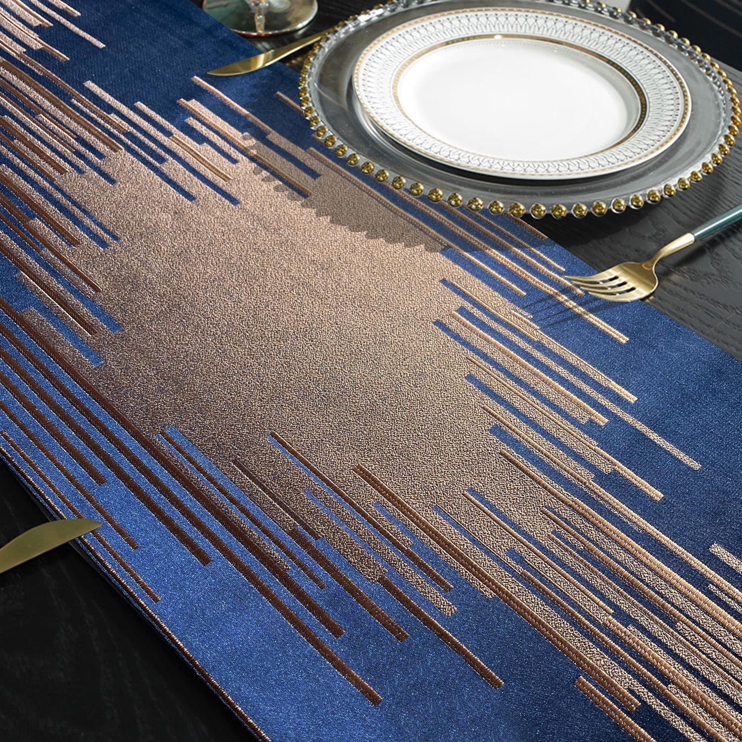 Jiino Blue Luxury Table Runners 72 Inches Long with Tassels Modern Geometric Lines Runner Table for Dresser Table, Coffee Table, Holiday Parties, Wedding, Events Dinner, Art Home Decor