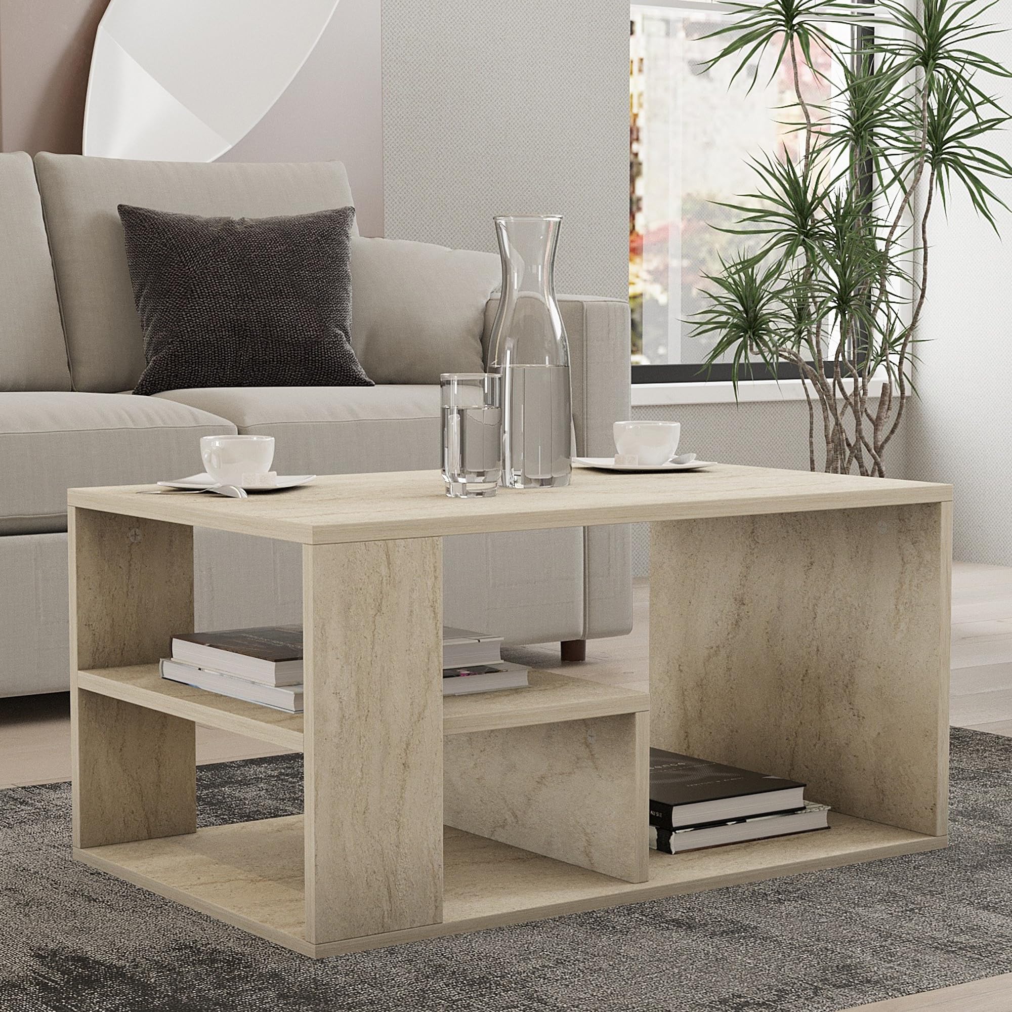 Dmora Table Basse Nomona 80 x 40 x 50 h cm Beige marbre 2 Compartiments Forme rectangulaire, dégradé Couleur Plateau marbre