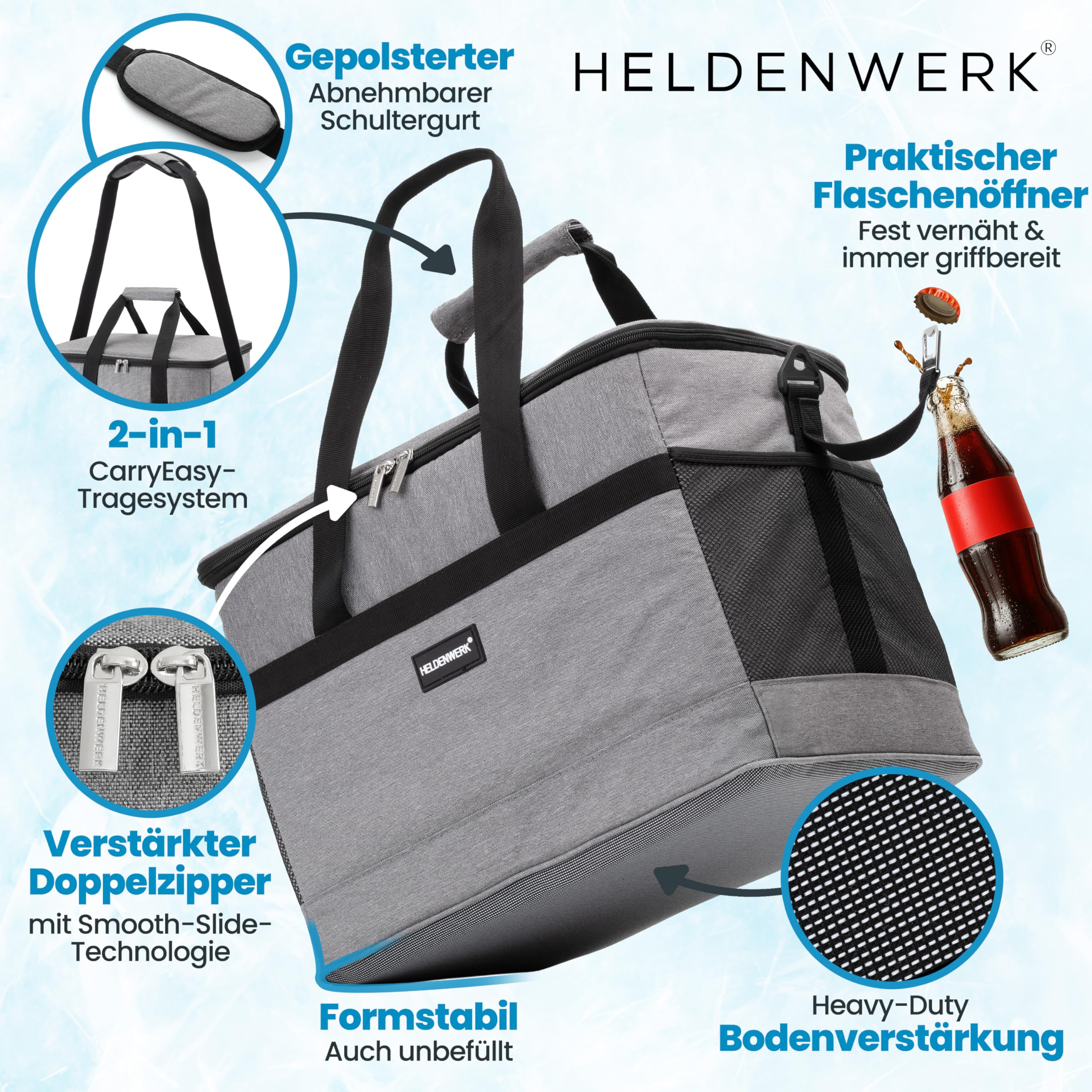 HELDENWERK Kühltasche groß faltbar – Kühlbox bis zu 12h Kühlleistung auslaufsicher & wasserdicht – Thermotasche, Picknicktasche, Lunchtasche, Isoliertasche mit 7 Fächern – verstärkter Boden