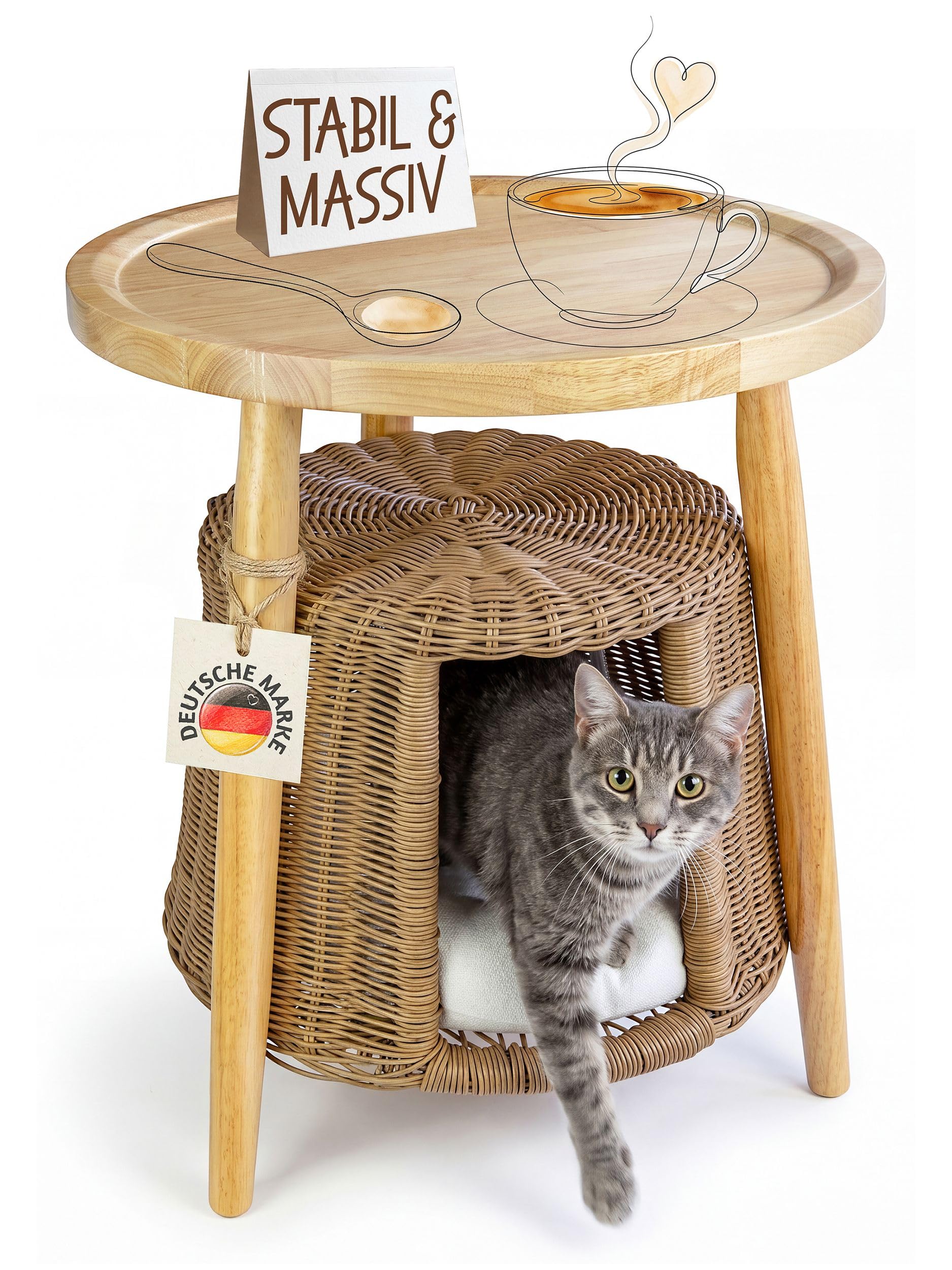 Petigi Katzentisch Beistelltisch Rattan Katzenhöhle Katzenbett Couchtisch | aus Holz und Rattan, Natur, 47 x 44 x 62 cm, waschbares Kissen, kippelt nicht, Massivholz
