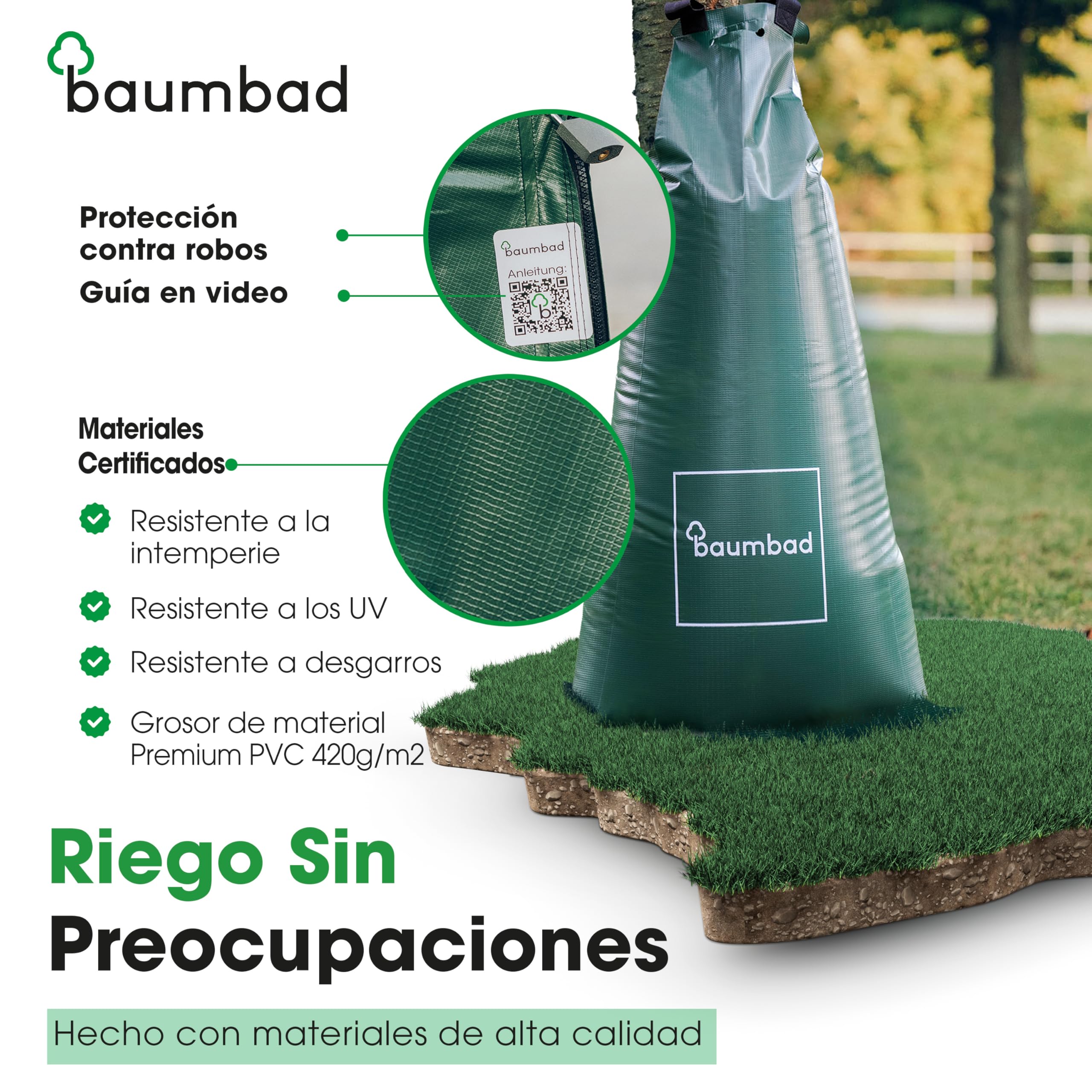 baumbad 5 bolsas de riego premium de 100 litros, PVC resistente a los rayos UV, saco para árbol de riego, color verde