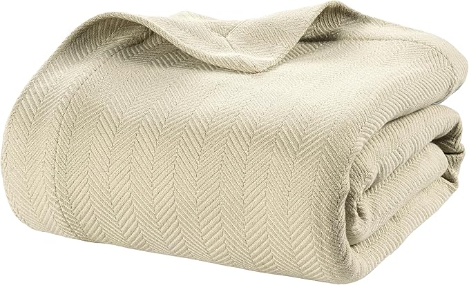 Queen Size Blanket - 100% Cotton Bed Blanket for All Season Use Herringbone Weave (90"x90") - Soft, Cozy & Breathable - Perfect for Master or Guest Bedroom - Oeko-TEX Certified – Tan