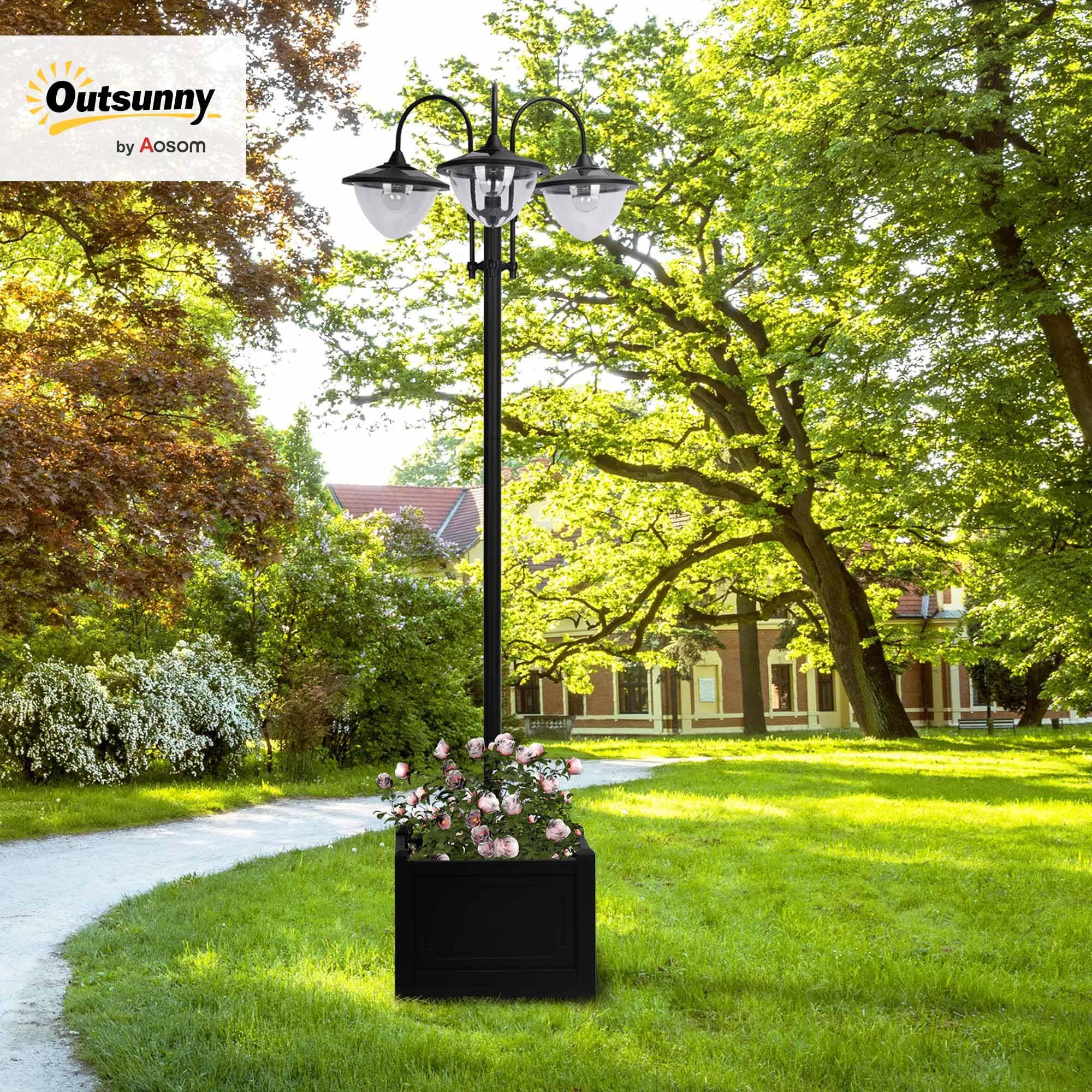 Outsunny Solar Laterne Stehleuchte Metall 189 cm IP44 Wasserdicht mit Blumentopf-Basis Schwarz