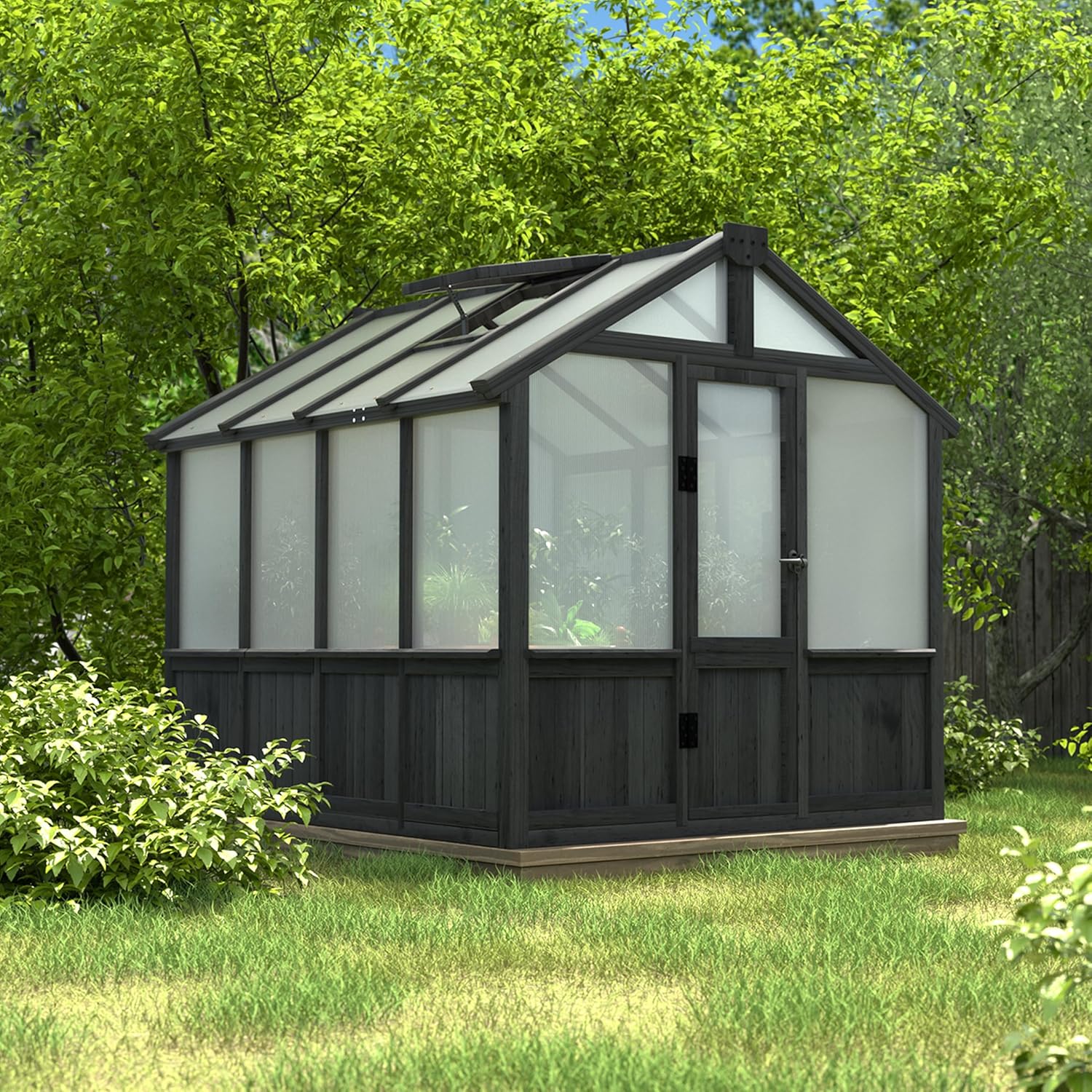 Yardenaler 6x8 FT Outdoor Greenhouse with Thickened Polycarbonate Panel, Wooden Walk-in Green House with Lockable Door and Adjustable Roof Vent, Backyard Garden, Black
