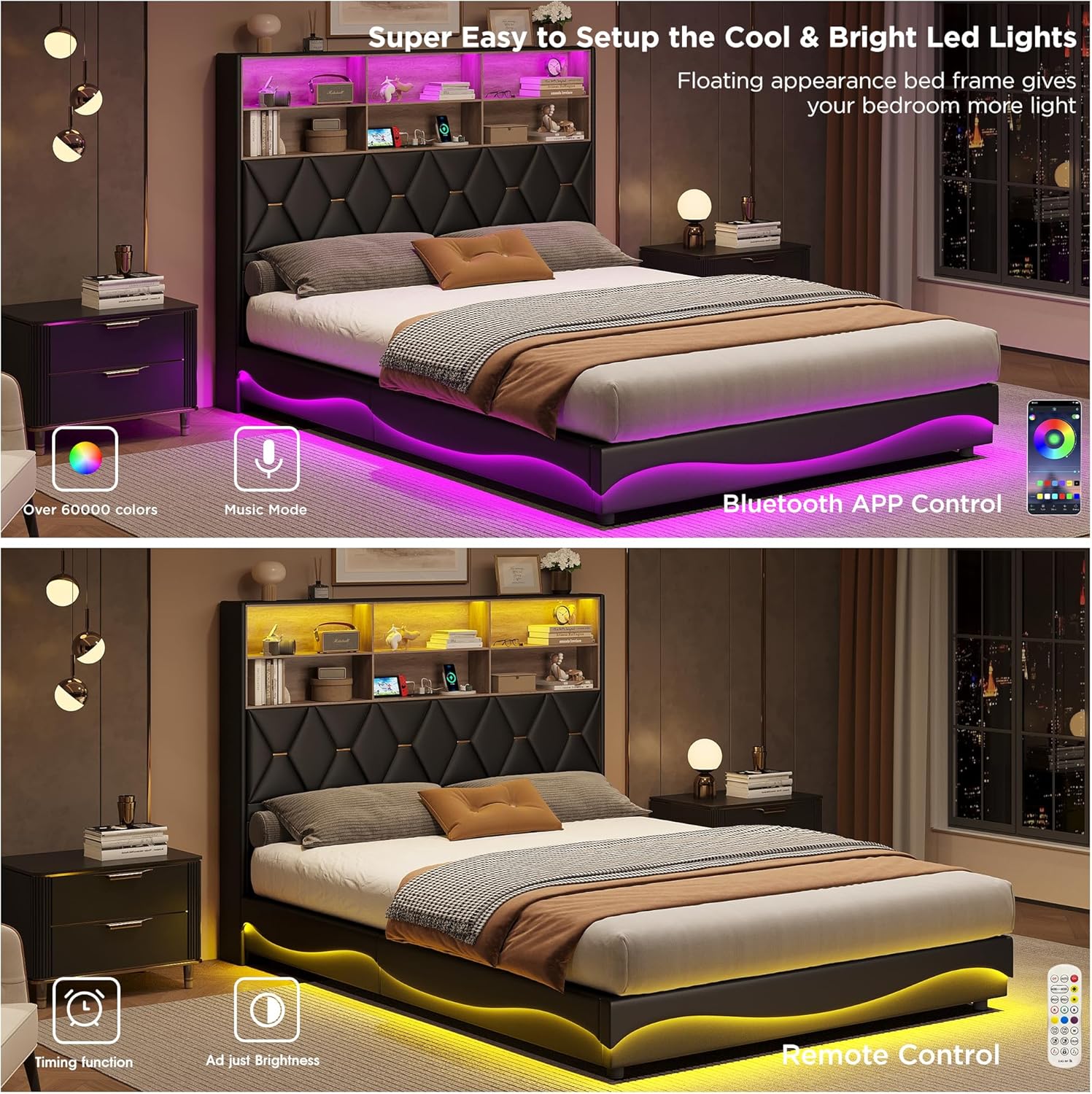 Fameill Full Size Lift Up Storage Bed Frame, Bookcase Storage Headboard with Charging Station, LED Lights Upholstered Platform Bed, No Box Spring Needed, Noise-Free, Black