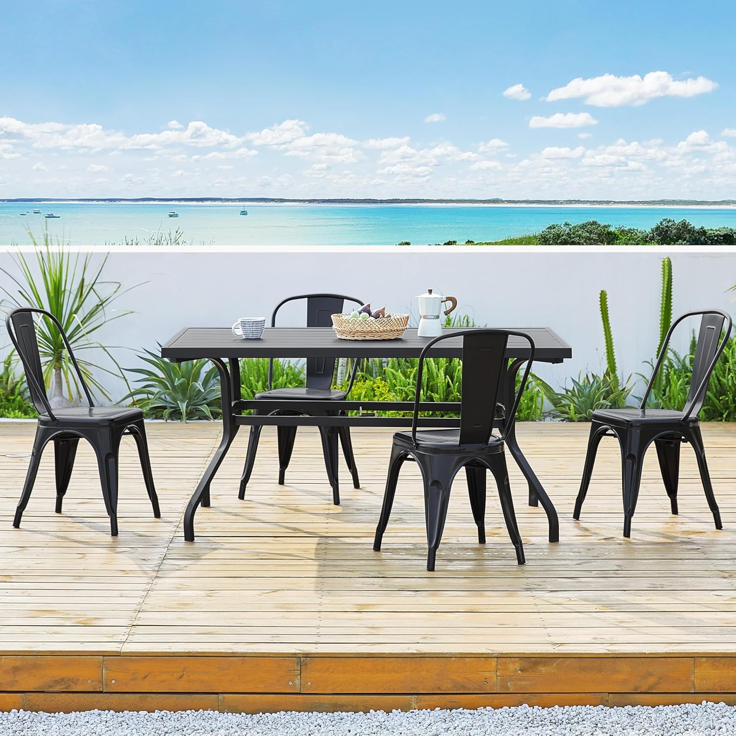Yaheetech Metal Dining Chairs Set of 4, Stackable Patio Chairs with Metal Frame and Backrest for Kitchen/Bistro/Cafe/Garden/Restaurant, Water-Resistant Surface, Black