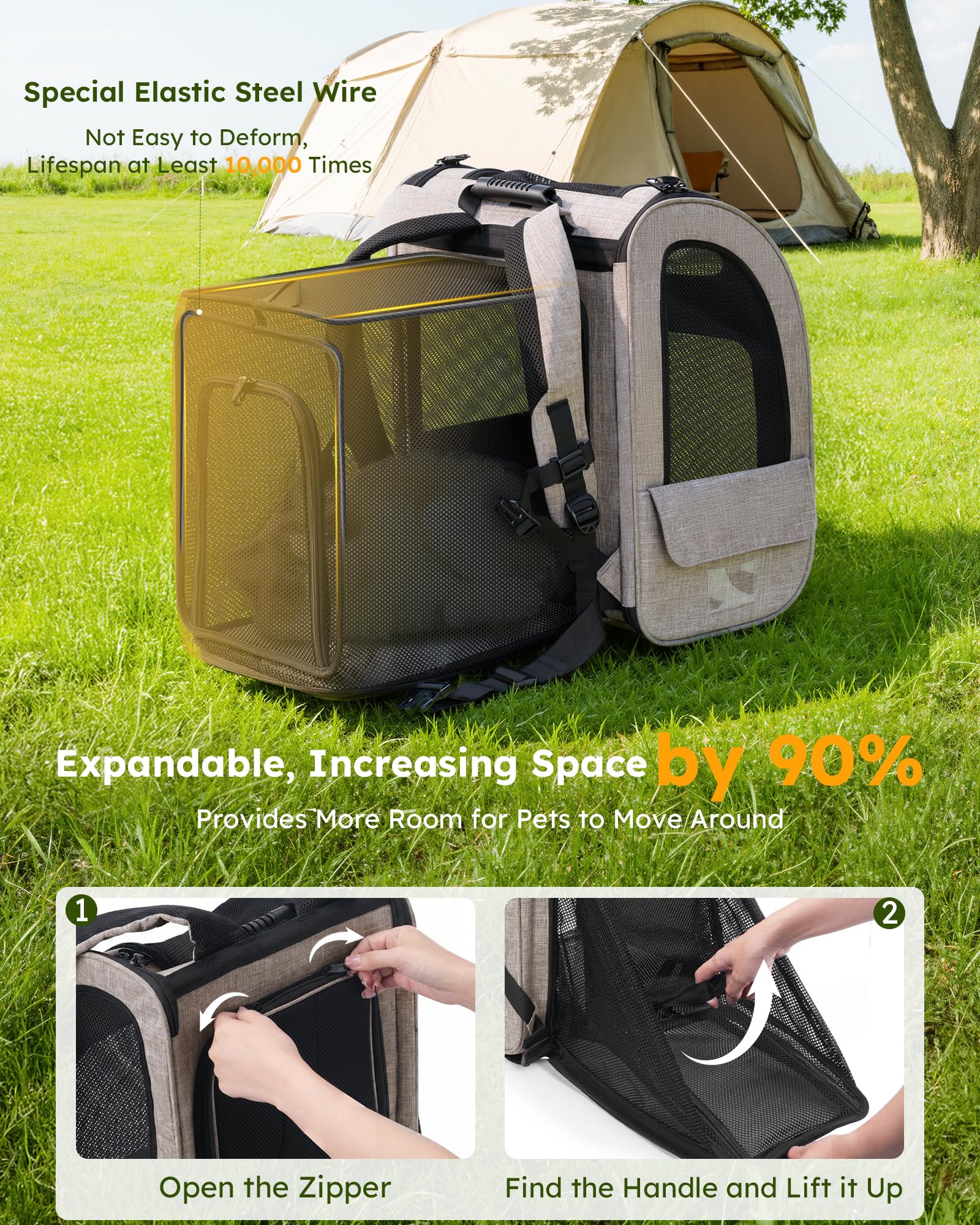 Pecute Cat Backpack Carrier XL, ExpandablePet Backpack for Cats & Small Dogs Up to 15lbs, with 4-Side Breathable Mesh, Multi-Entry & Lockable Zippers for Travel, Hiking, Camping - Hands Free, Khaki - image 3