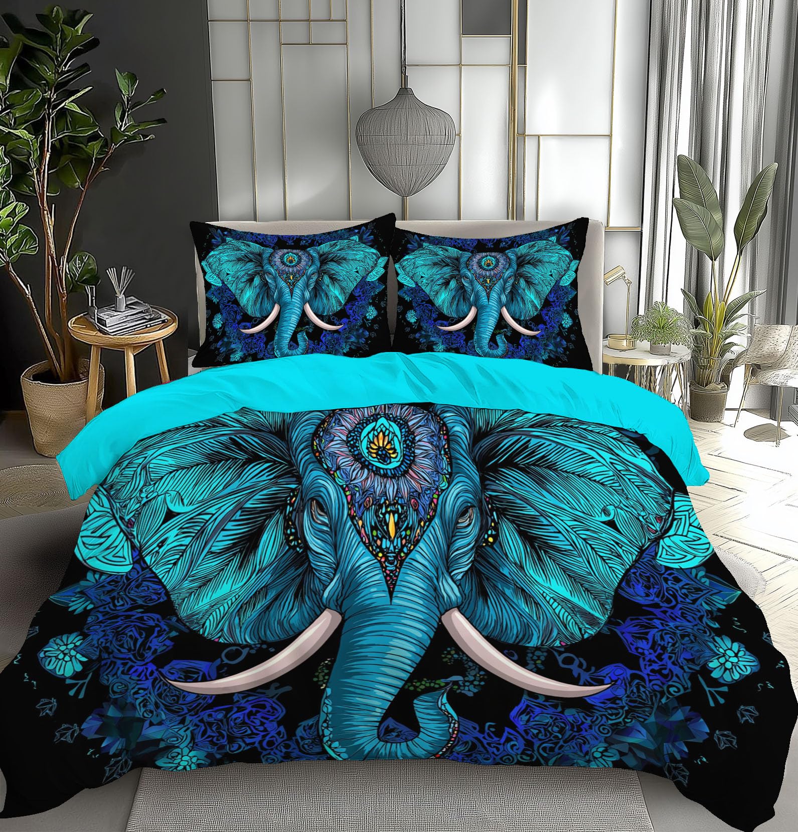 Housse de Couette 200x200 Ethnique Turquoise pour Chambre Zen Adulte