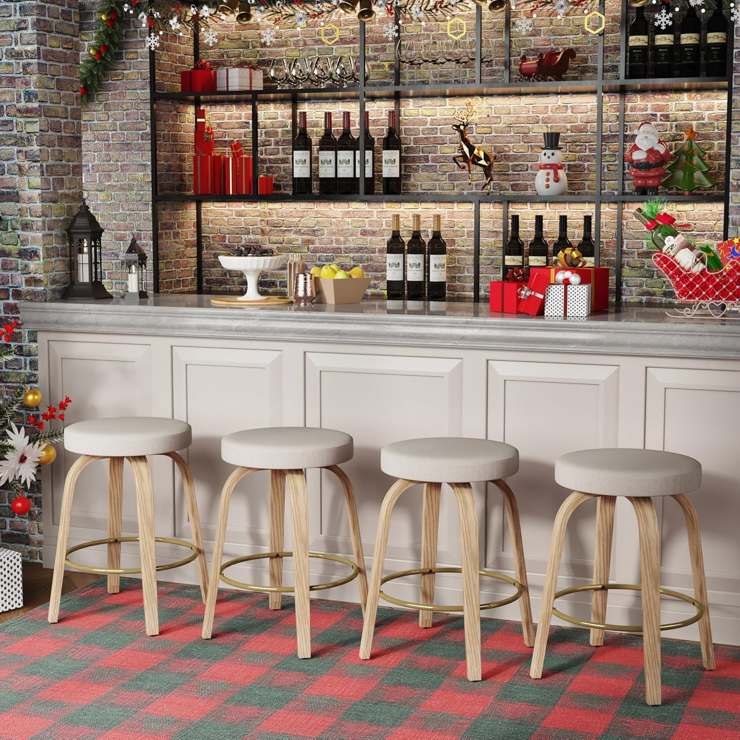 Swivel Bar Stools Set of 2, 24" Counter Height Backless Bar Stool, Fabric Upholstered Seat, Sturdy Curved Wood Legs, Mid-Century Modern Island Stools for Kitchen Bar, Dining Room, Beige