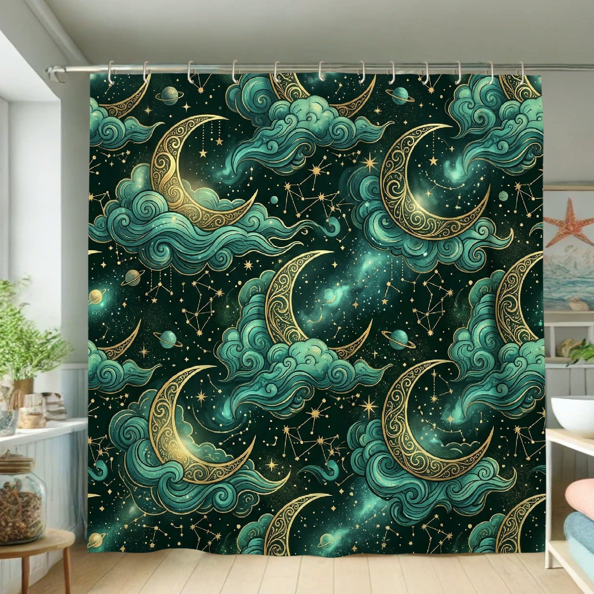 Rideau de douche imperméable en tissu bleu sarcelle lune et étoiles pour une salle de bain chic