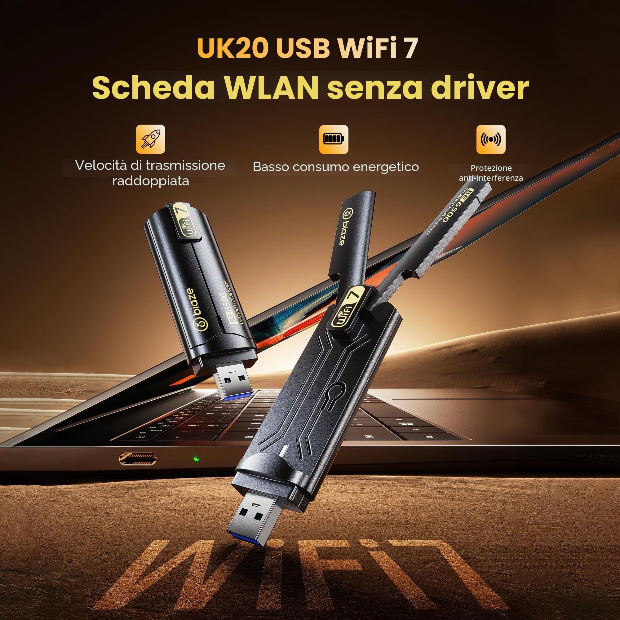 UK20 WiFi 7 Dongle, USB 3.0 WLAN Stick per PC Windows 10/11, 2.4G/5G/6G, crittografia WPA3, MU-MIMO, OFDMA, adattatore WLAN