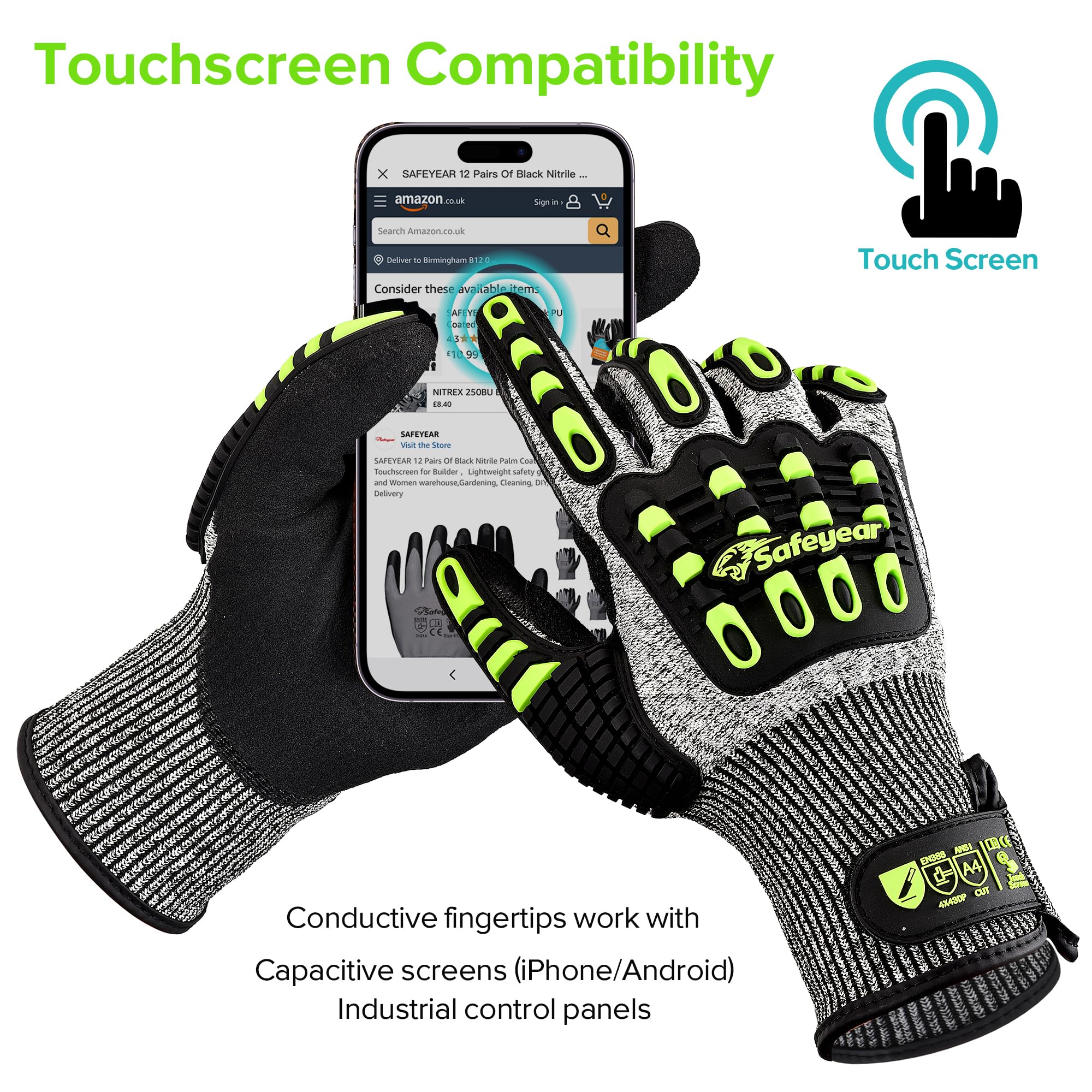 SAFEYEAR Level 5 Cut Resistant Gloves, Nitrile Sand Coated with TPR Impact Protection - Image 4